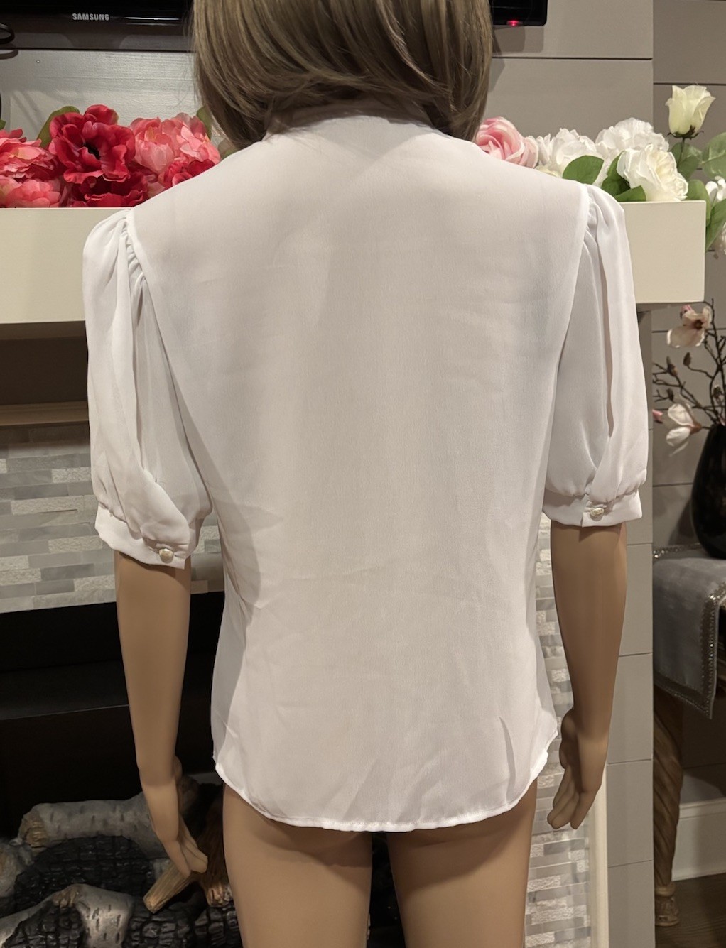 Vtg 50’s white sheer nylon chiffon embroidered secretary geek tailored blouse