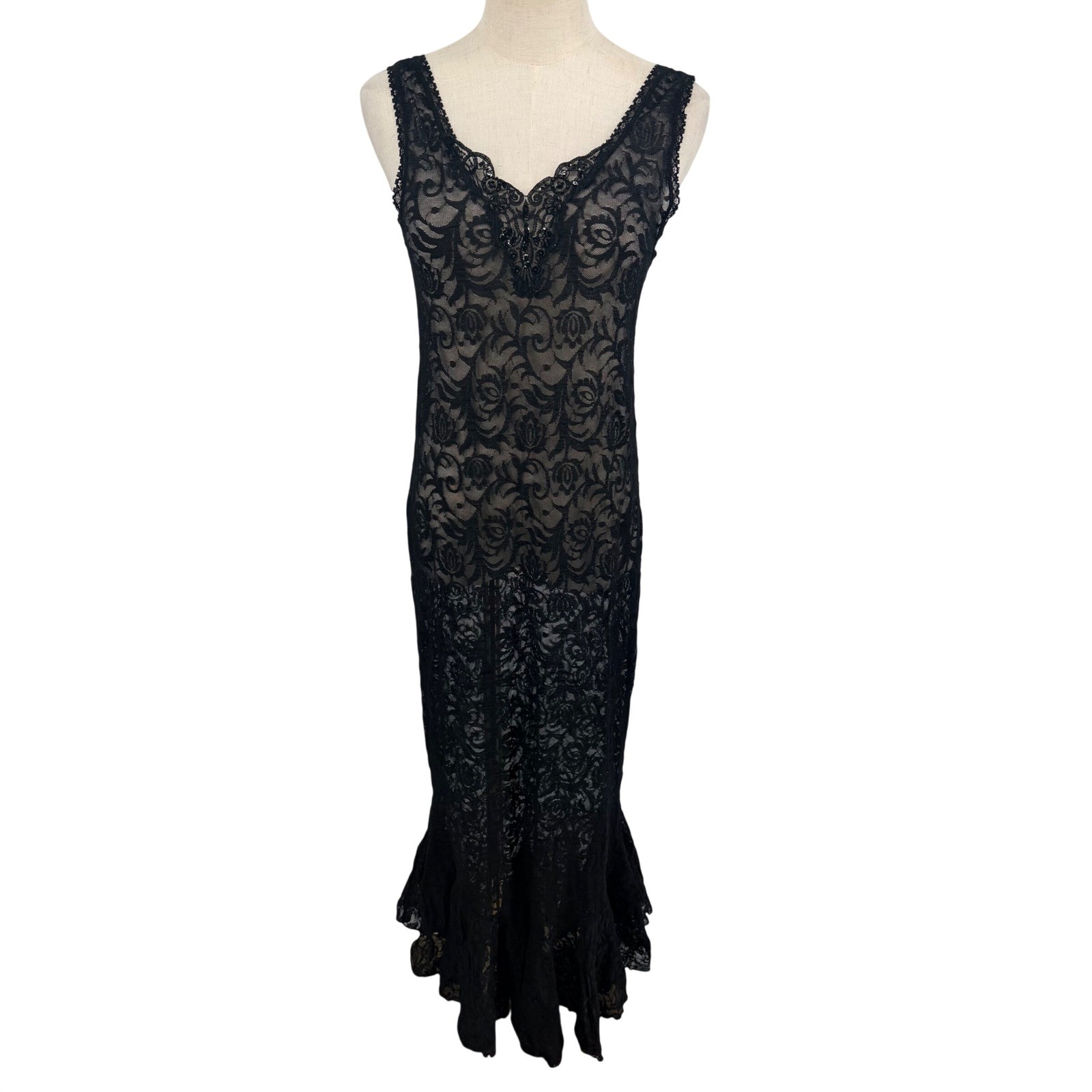 Frederick’s of Hollywood Sheer Lace Dress Large Blk Beaded Maxi Mermaid Vintage
