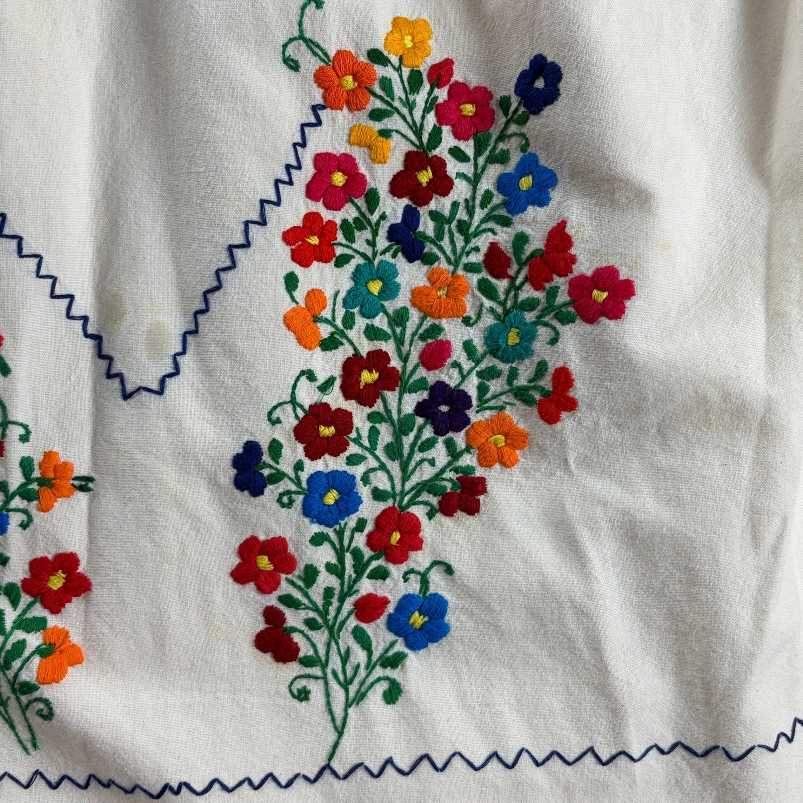 Hand Embroidered Floral Maxi Dress Ivory Boho Folk Art Artisan Peasant