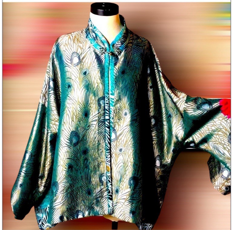 Vintage Rising Phoenix Silk Blouse I 1980s 1990s Teal Peacock KimonoStyle Top L
