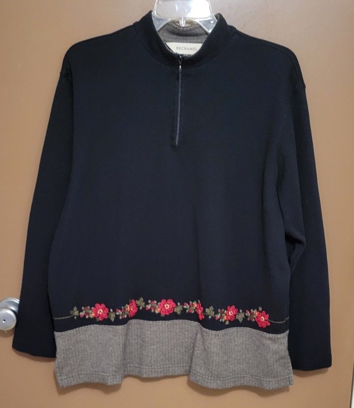 VTG Bechamel Sweater Womens Sz L Black Red Floral Embroidery Quarter Zip Cottage