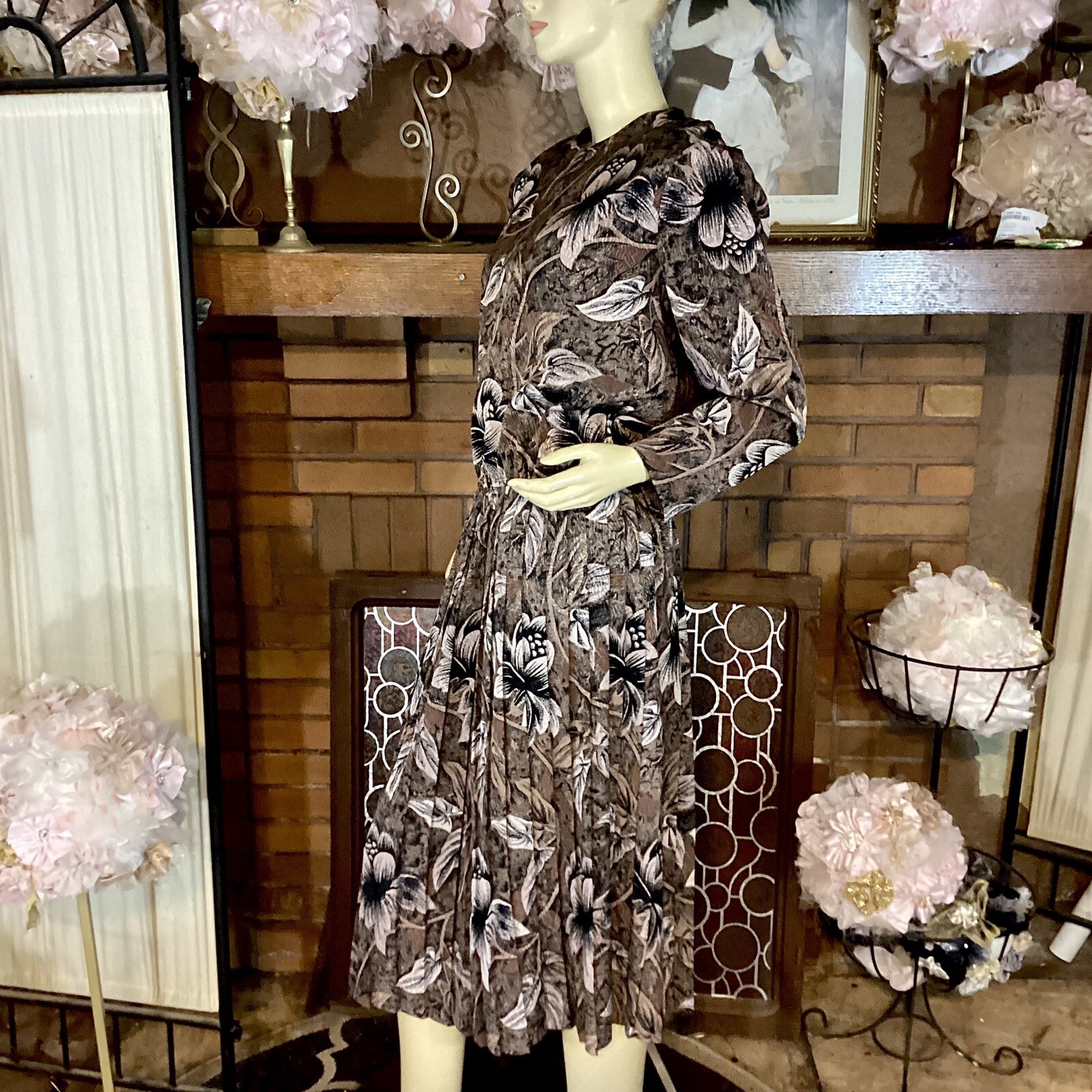 VINTAGE ALEXIS FASHIONS 1980’S FLORAL PRINT BROWN & BLACK DRESS SIZE APPX LG