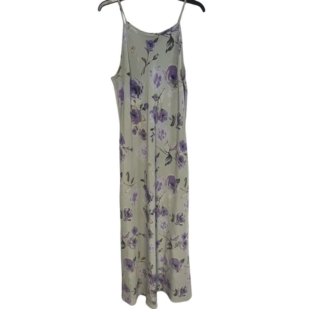 Vintage La Belle Fashions Floral Maxi Dress Purple Sage Green Made in USA SZ 13