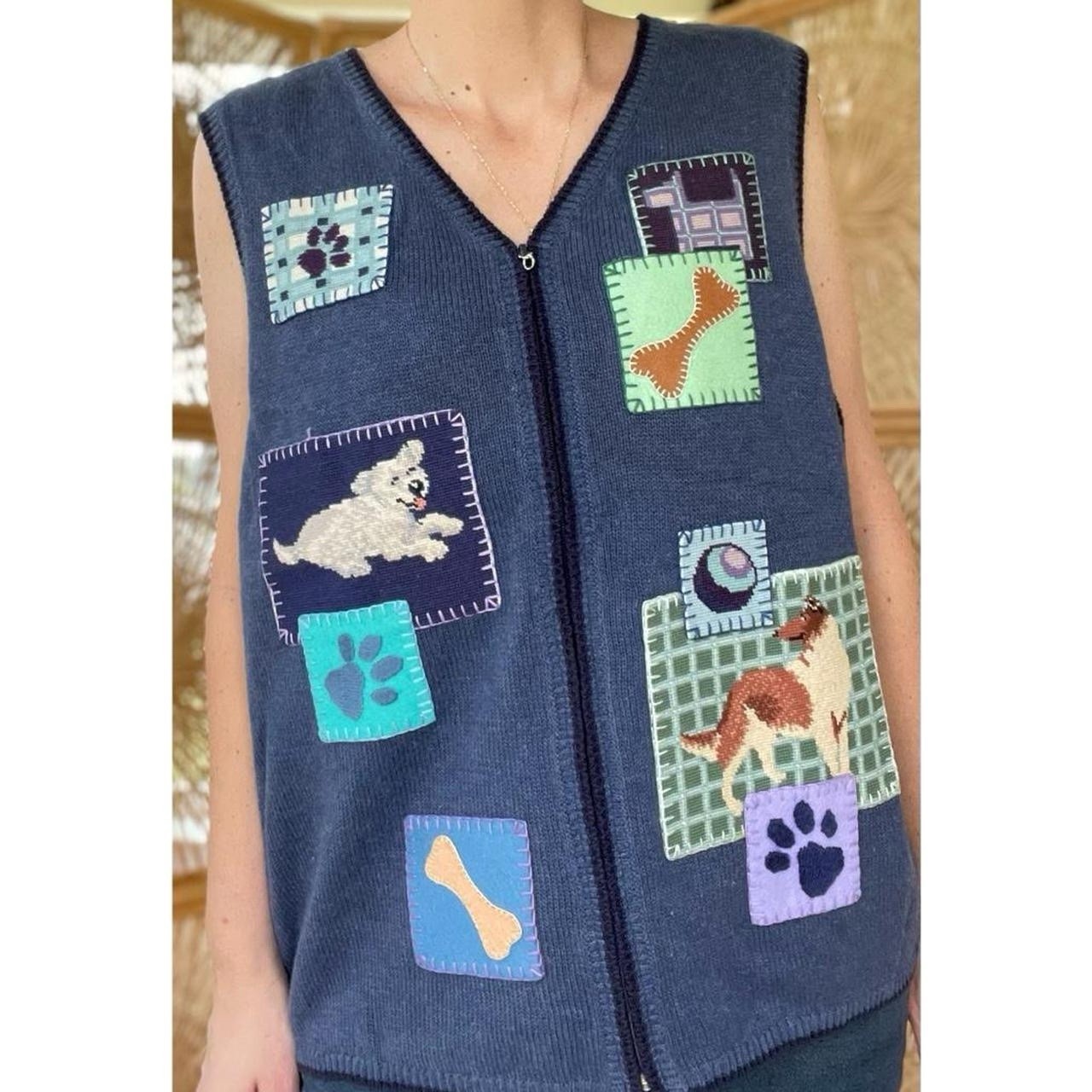 Eagle’s Eye Blue Knit Embroidered Cross Stitch Dog Zippered Sweater Vest Granny