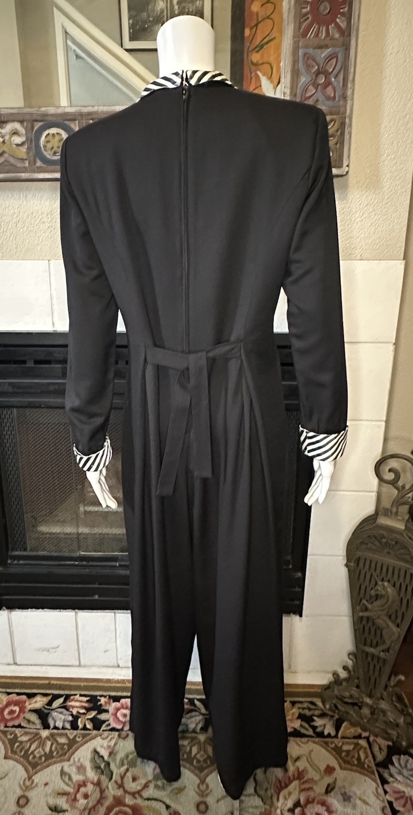 Vintage Black Striped Shawl Collar Wide Leg Palazzo Tie Back Tuxedo Jumpsuit
