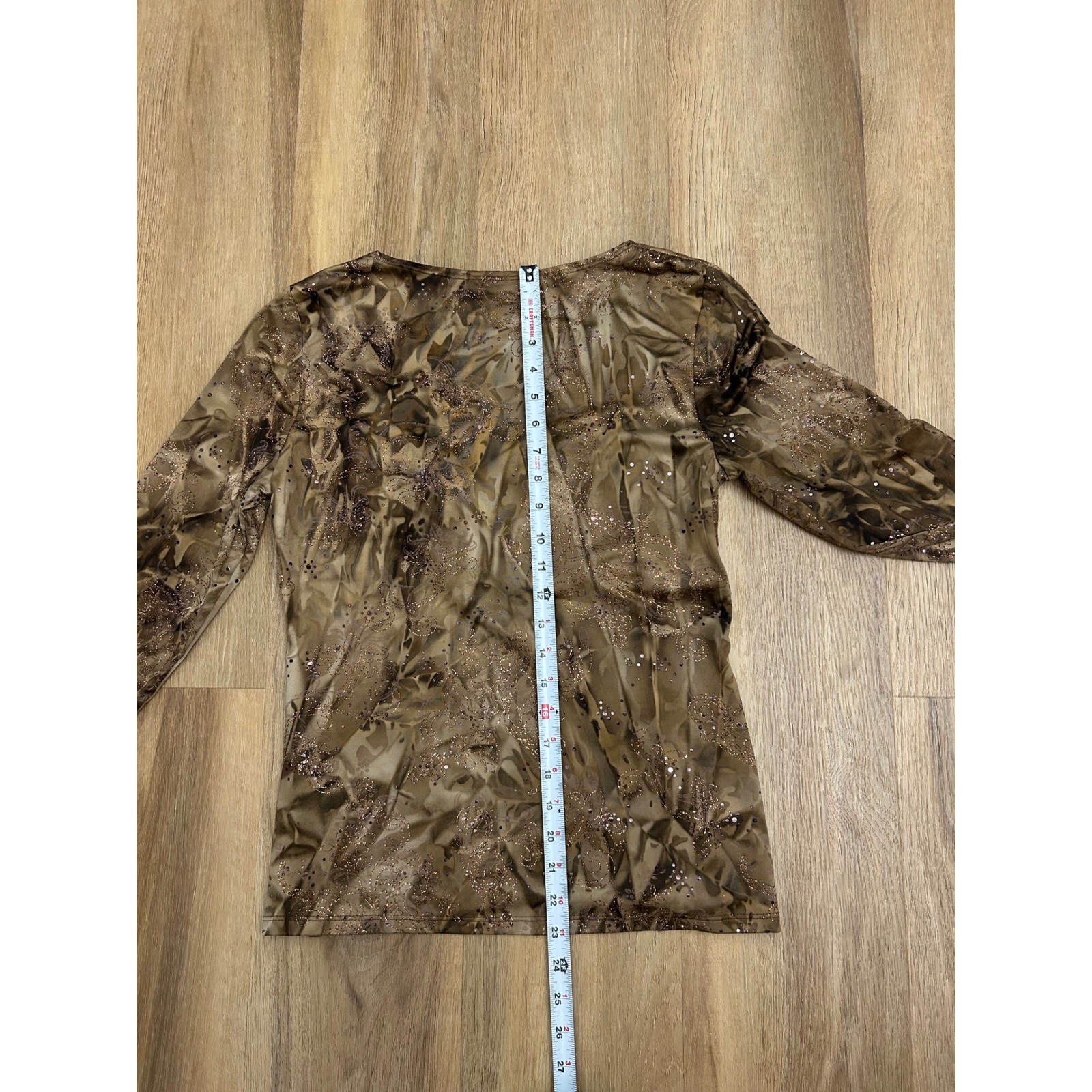 Vtg Brown Abstract Sequin Glitter Paisley V-Neck Empire Blouse L whimsy fairy