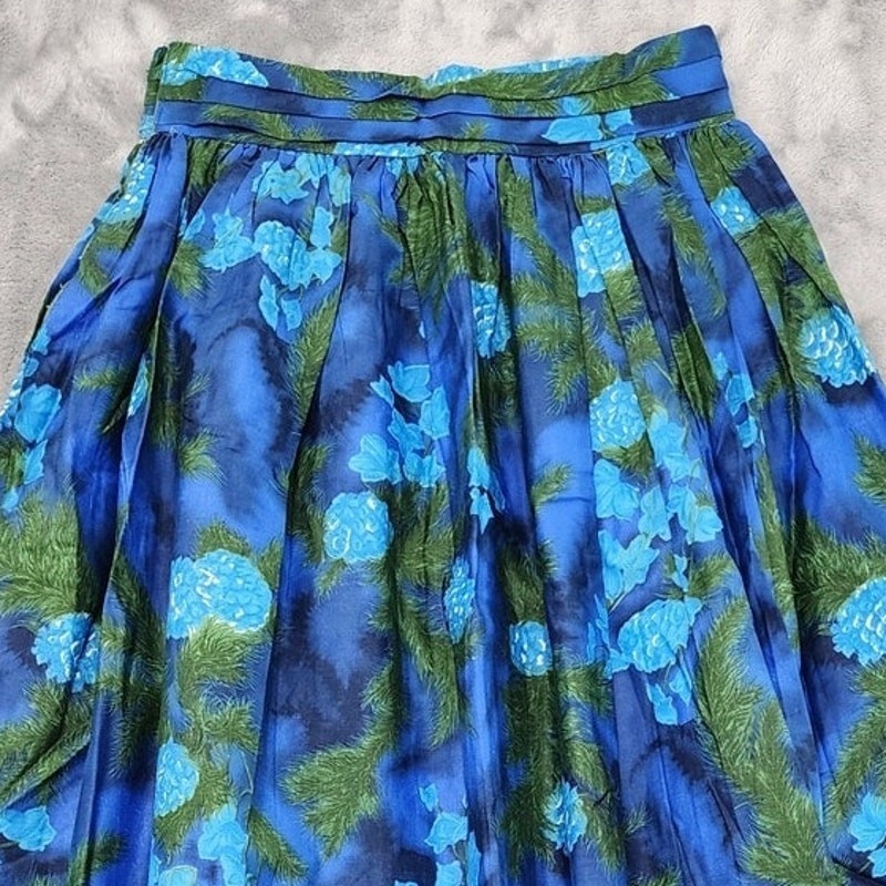 Vintage 40s 50s VIP Fabrics Skirt Womens S Blue Green Floral Pleated Maxi Zip