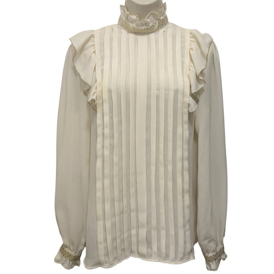 Vtg Diane Richards Women’s Ivory Victorian Blouse Sz 16 Pleated Ruffle Gold Trim
