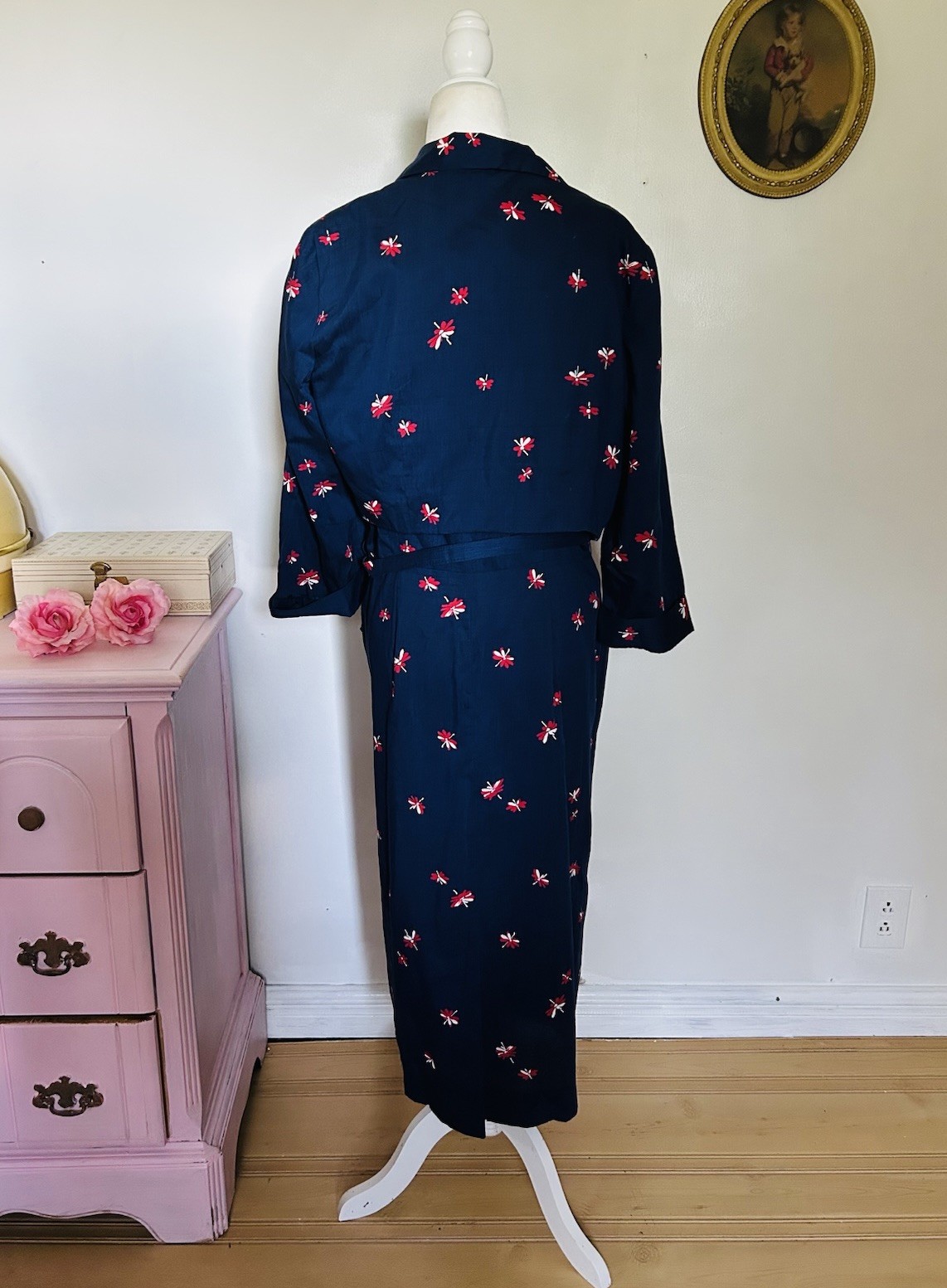 VTG 40s 50s Peg Top Cotton Sundress Bolero Set Navy Day Dress Metal Zip 36W XL