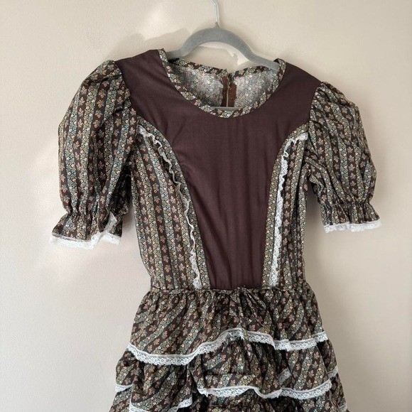Vintage chocolate brown floral square dance dress XS prairie puff sleeve pink