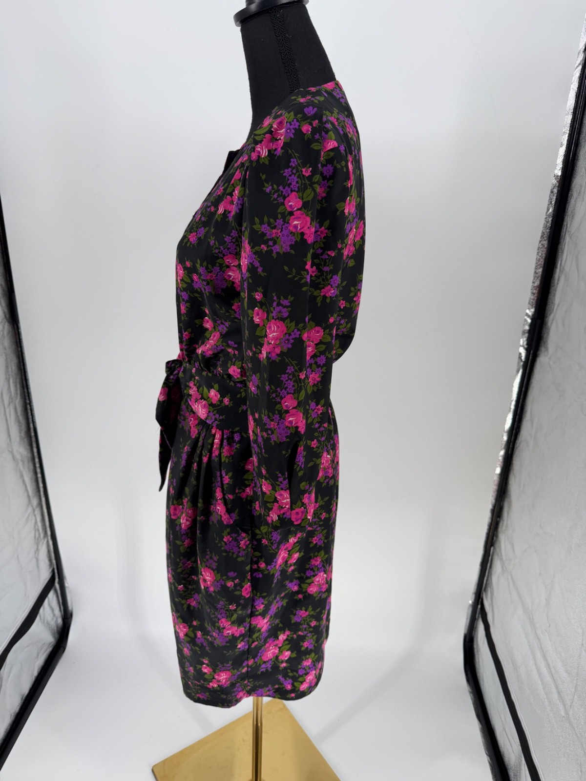 Vtg Petite Jazz Dress Size Med Faux Pearl Buttons Floral Secretary 80’s Glam