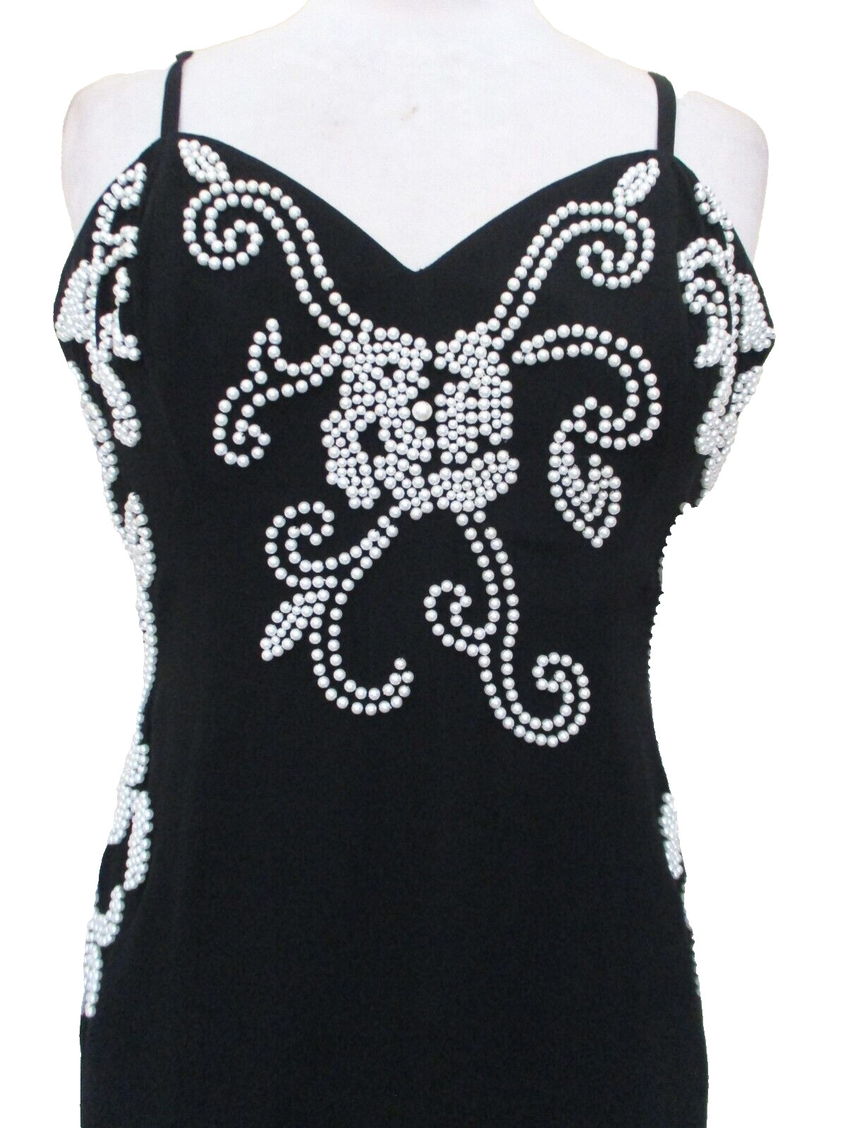 Vintage Casadei Cocktail Dress XS Women Black Tri/Poly White Pearl Beads