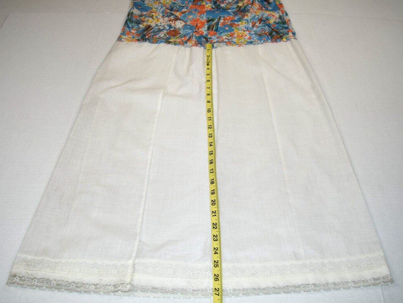 Vintage Midi Dress Blue Orange Yellow Size M 50s 60s Watercolor White Skirt Lace