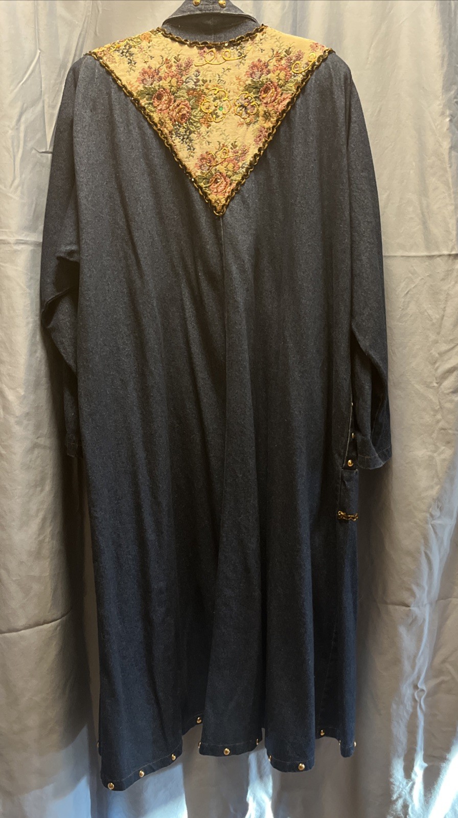 RARE Vintage 80s Charle Casuals Beaded Tapestry Gold Denim DUSTER BOHO See Pix