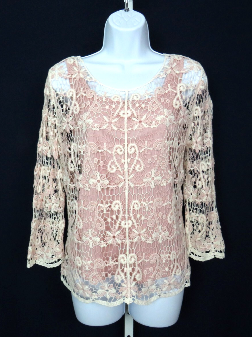 VTG 1980s 90s OSCAR DE LA RENTA ACTIVE FLORAL CROCHETED LACE TOP CREAM MAUVE