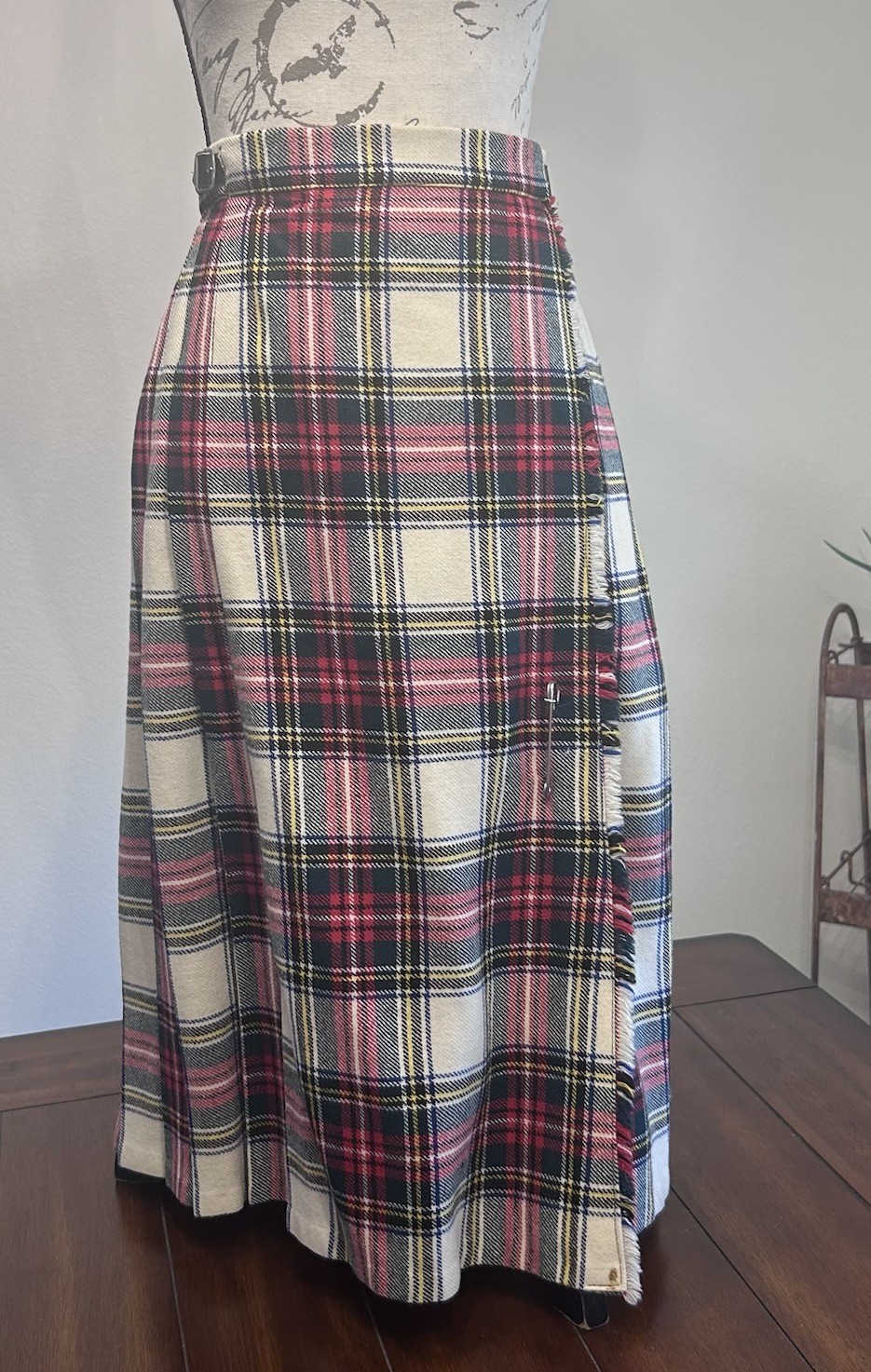VTG Harrods Red Tartan Maxi Skirt Wool Old Money Plaid Academia Kilt Size 12