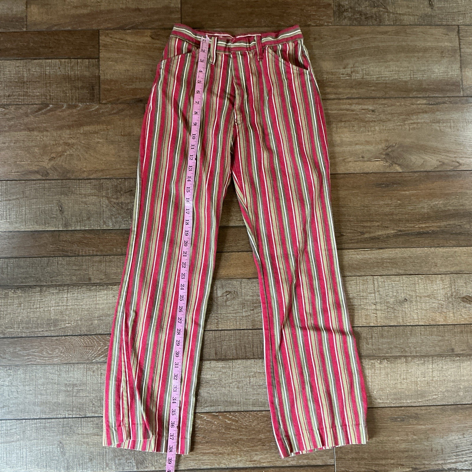 70s VTG Striped Cotton High Waist Flare Pants Red Tan Green Size W24 L29 #21E8