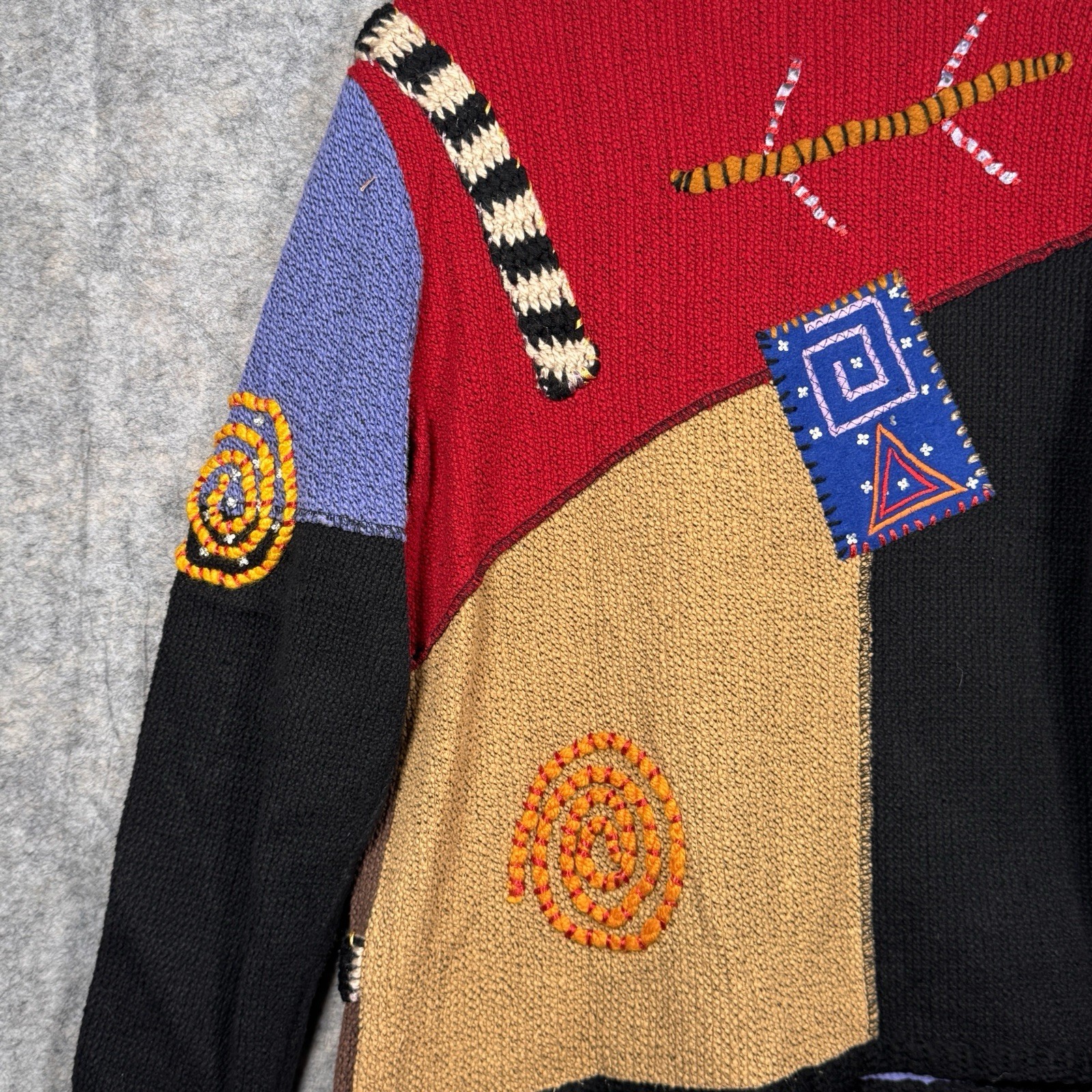 Vintage Alex Kim Knit Embroidered Cardigan Sweater Womens Size M 20×25 Patchwork