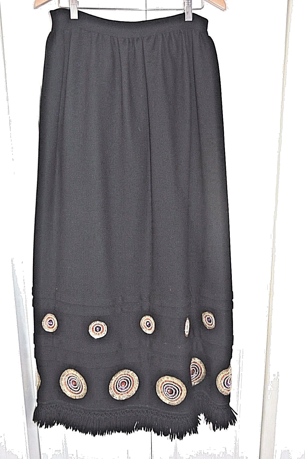 VINTAGE SKIRT LONG LENGTH BLACK FRINGE HEM SEQUIN ACCENTS 1970’s 28″ WAIST