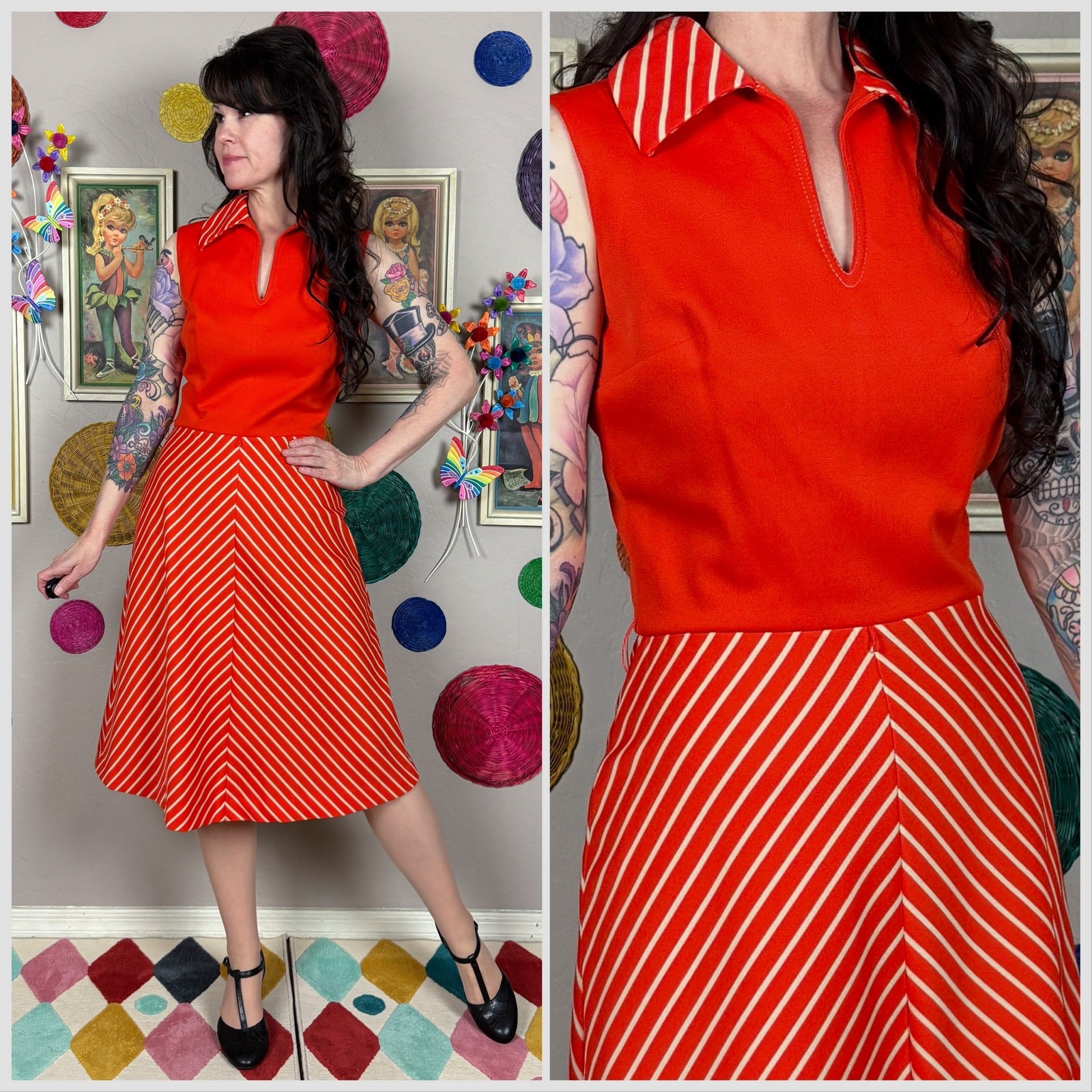 Vintage 1970s Red Striped Sleeveless A-Line Dress | 26″-27″ Waist