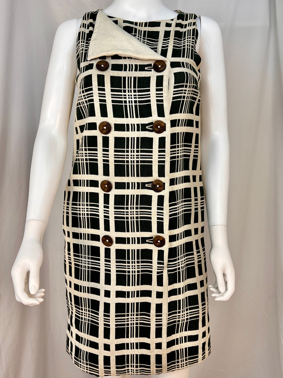 Vintage 60s Mod Style Forest Green and Cream Windowpane Plaid Shift Dress, S/M