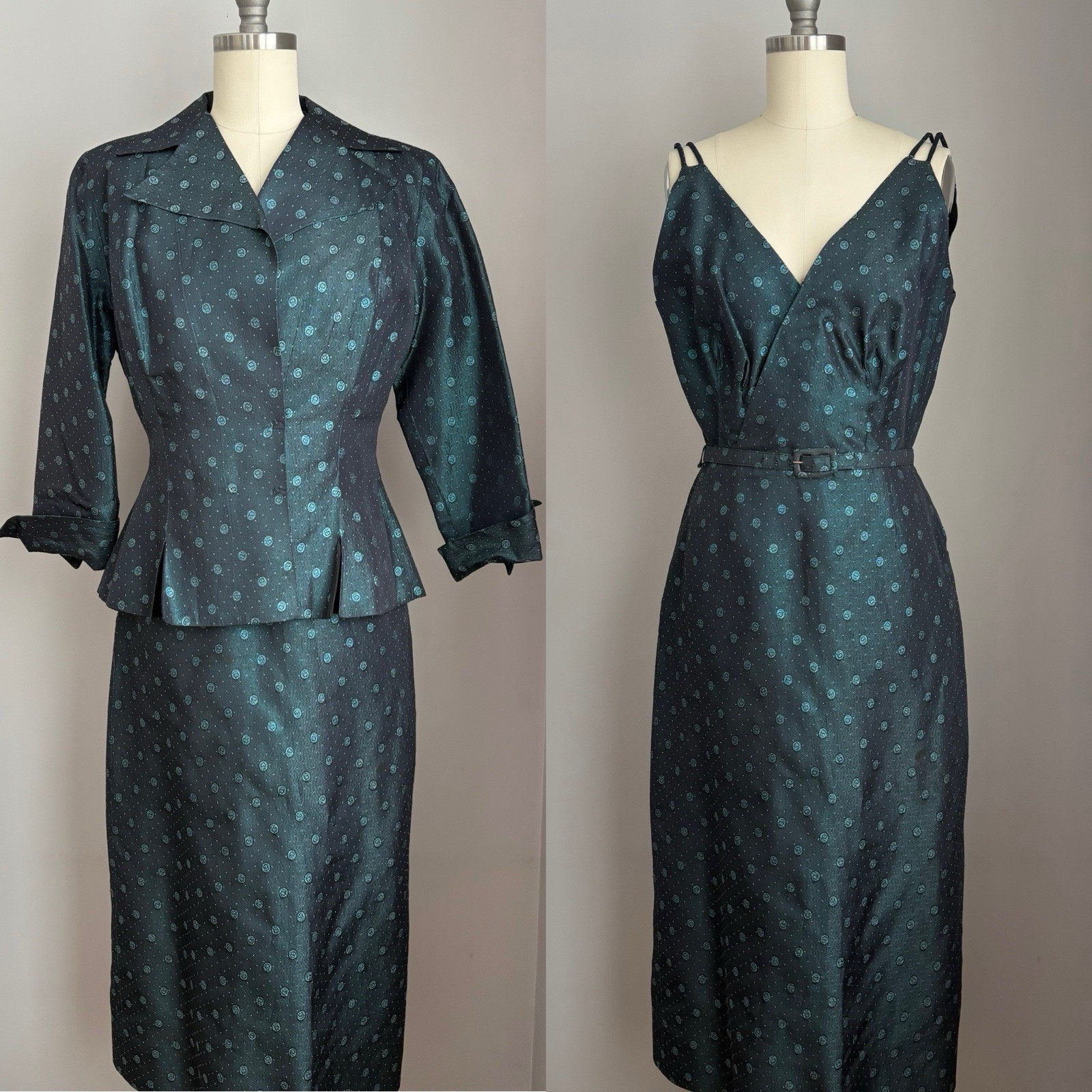 Vintage 1940’s Blue Taffeta Cherries Cherry Print Dress & Jacket Set Size XS/S