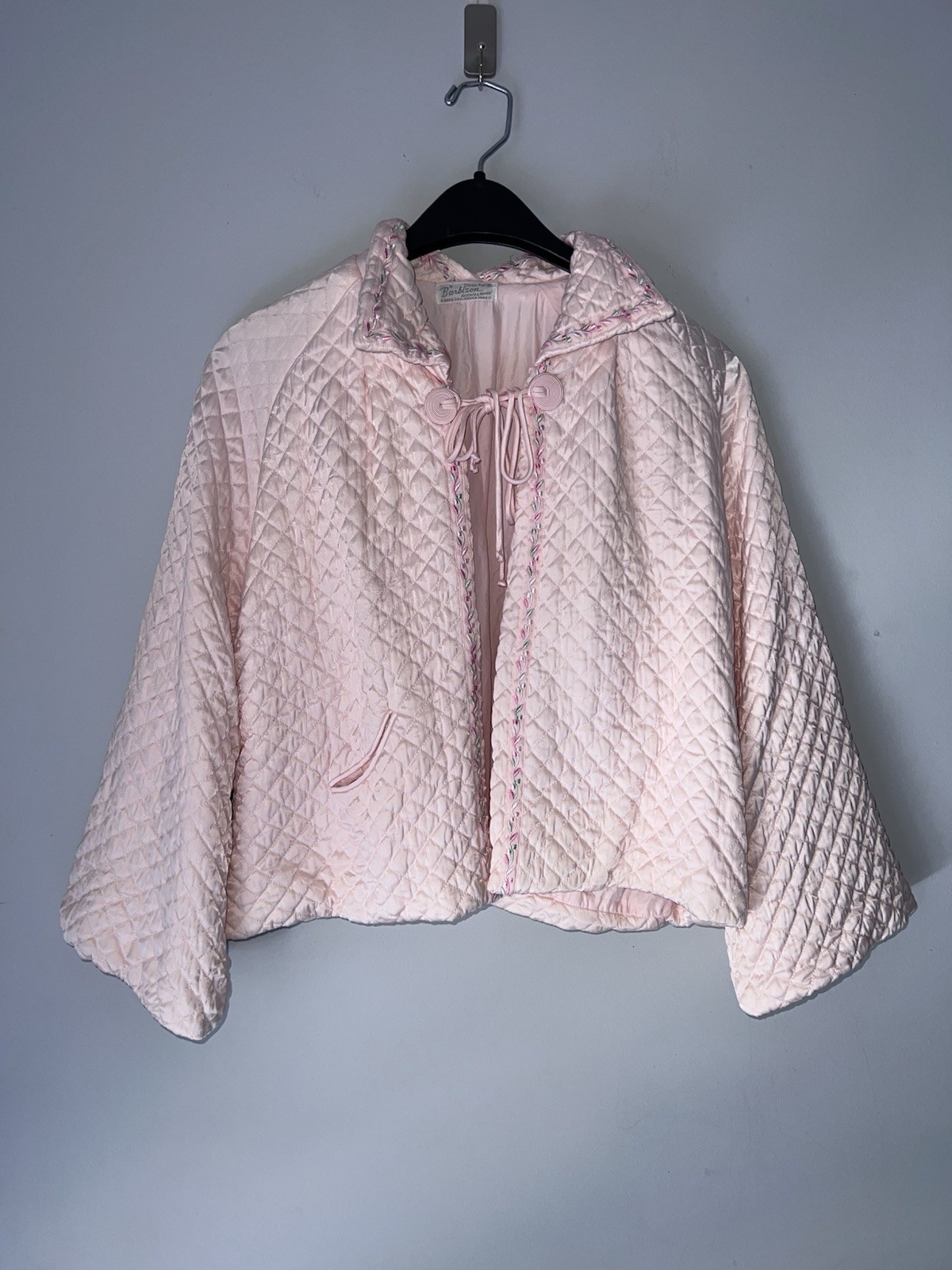Vintage Barbizon Puffett Pink Quilted Satin Bed Jacket M Floral Trim Lingerie