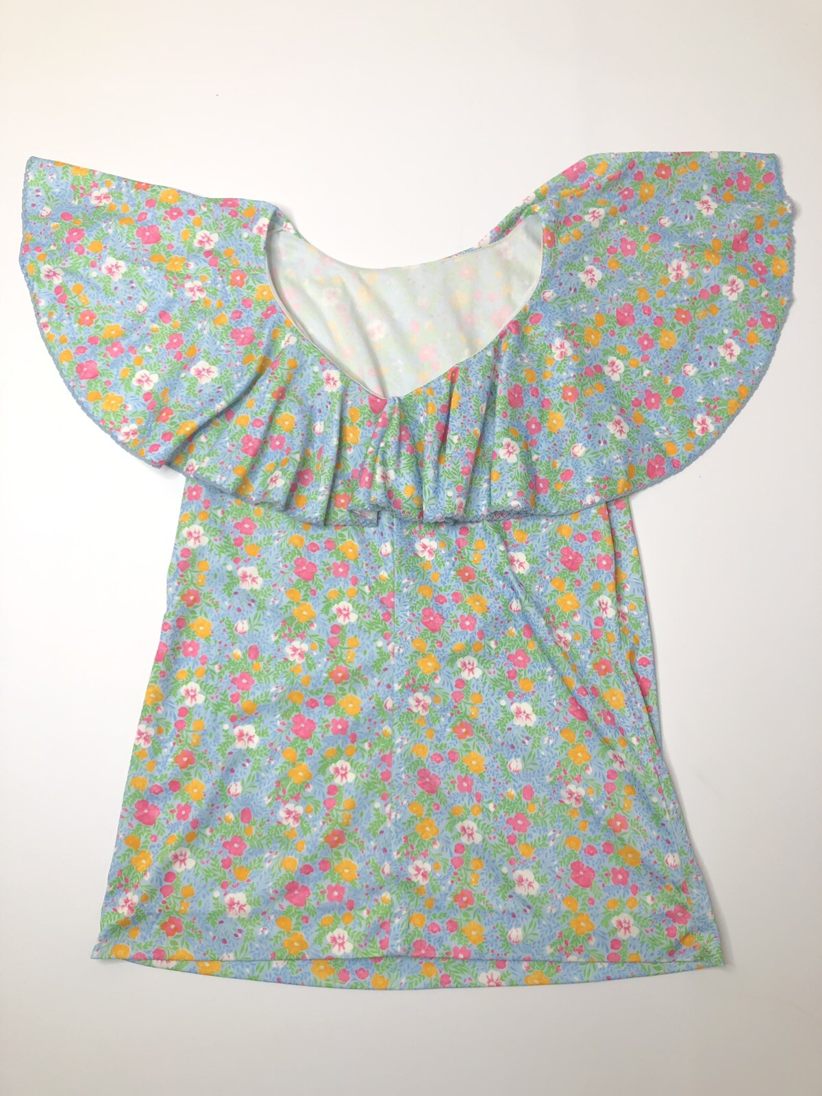 Vtg 60s Womens XS S Blouse Floral Vneck Blue Green Orange Ruffled Handmade