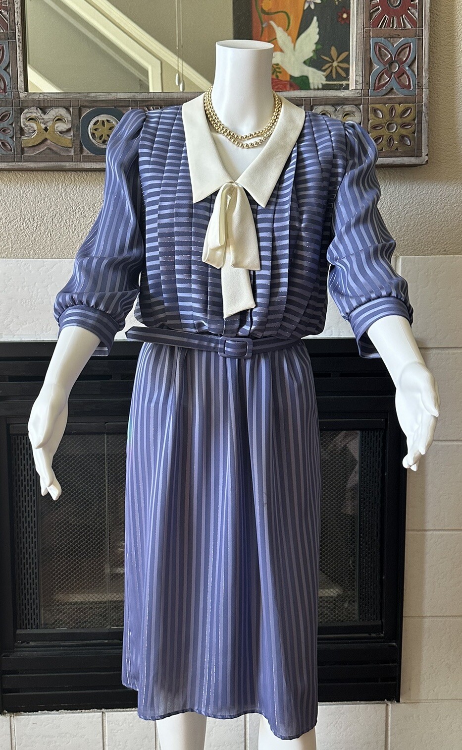 Vtg 80s JSJ Belted Dress Womens Polyester Blue Dynasty Style 34” Bust 28” Waist