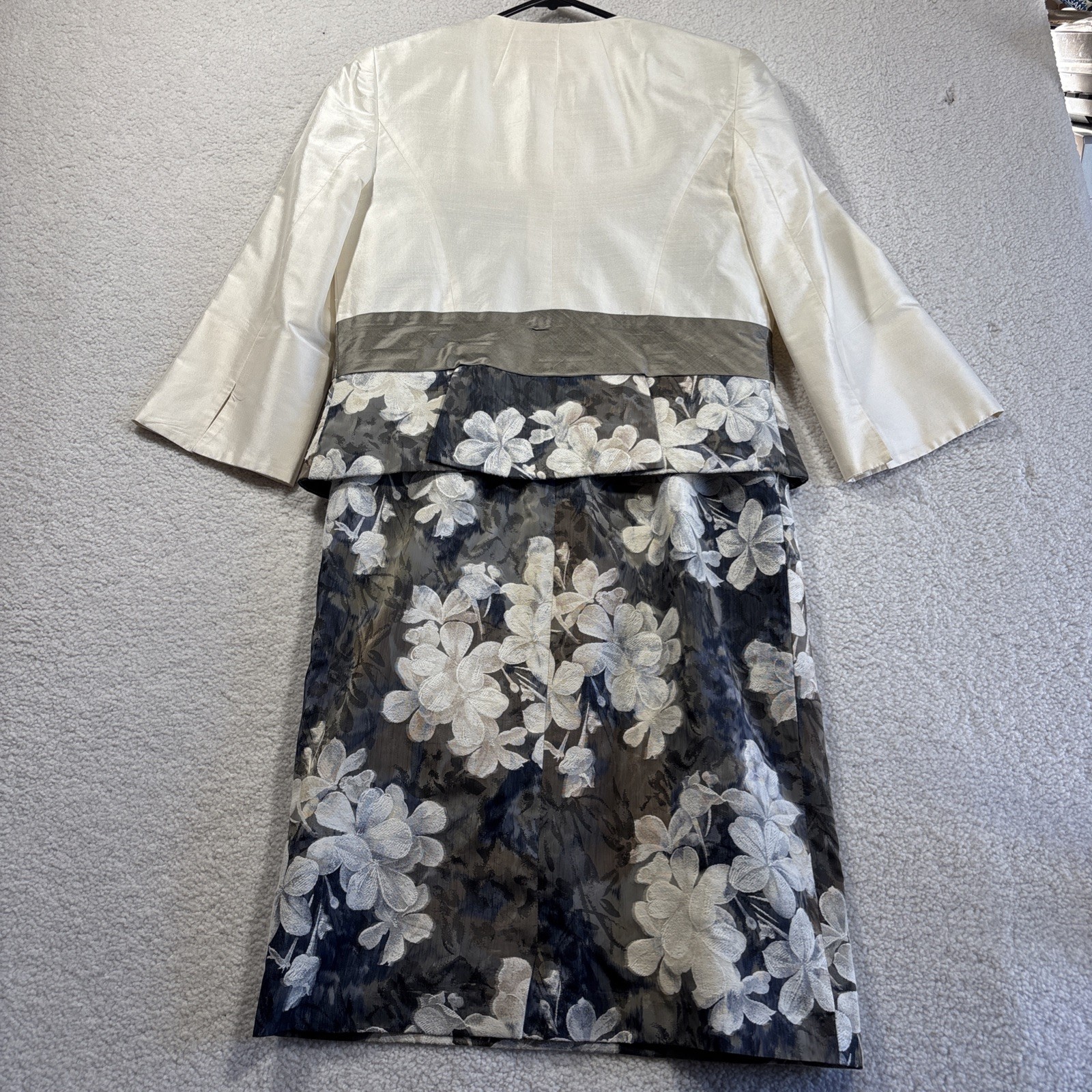 John Charles MOTB Silk Dress & Jacket Suit Grey Blue Ivory Women’s Size 10