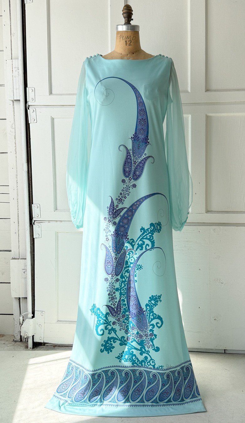 VTG 60s 70s Alfred Shaheen Aqua Blue Maxi Dress Sheer Balloon Sleeves L Hawaiian
