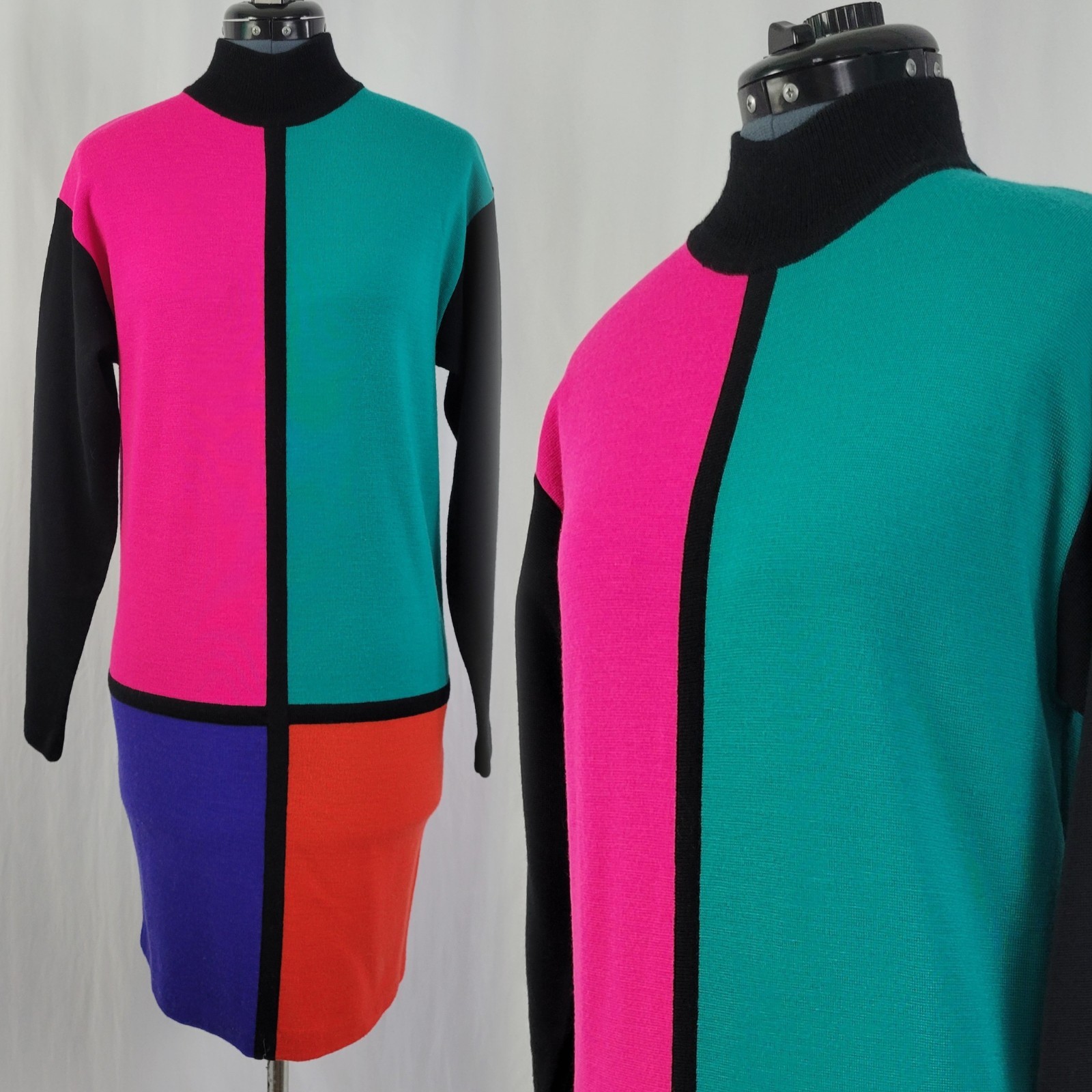 Vinatge Kathryn Conover Wool Blend Color Blocked Sweater Dress Size S