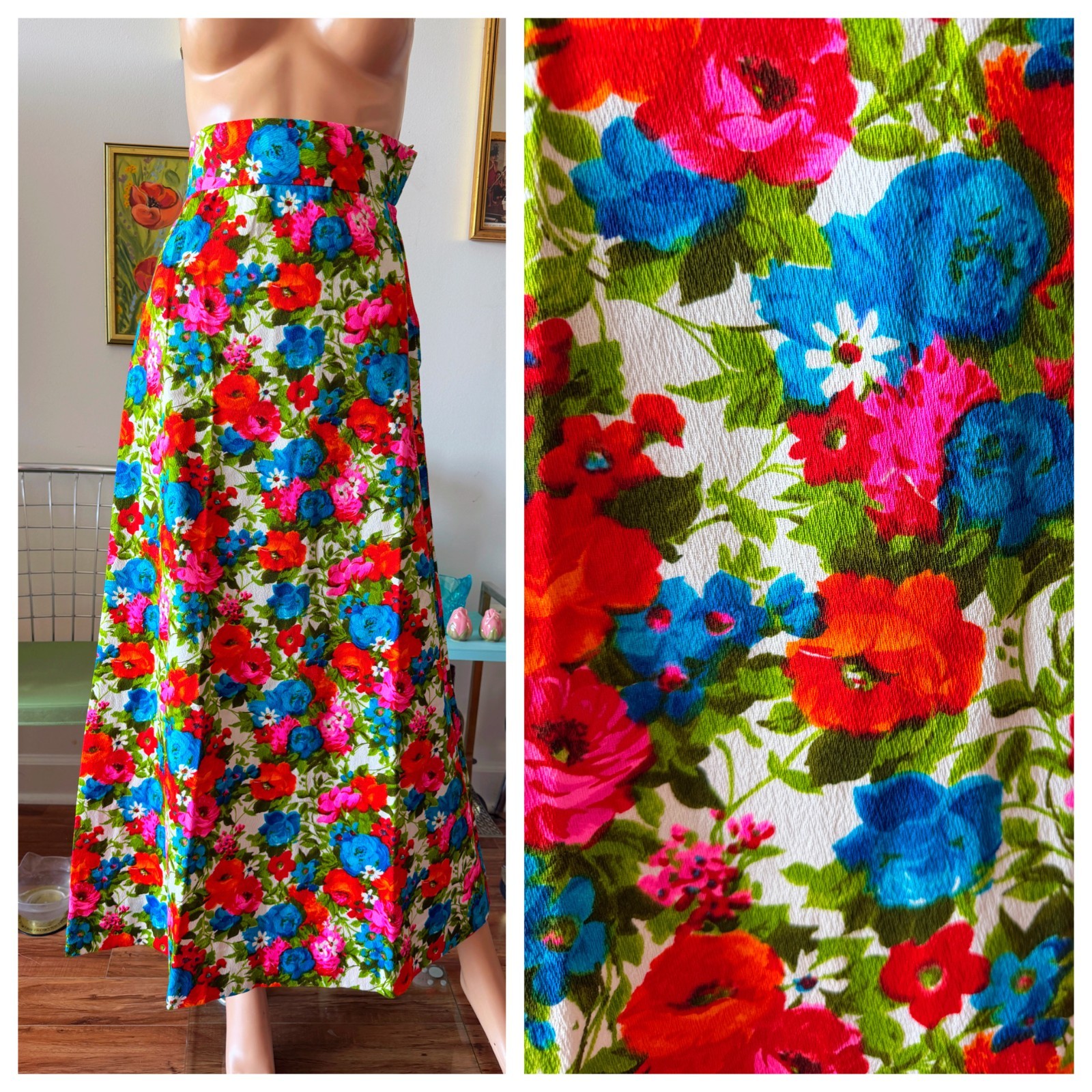 🌺 Vtg 60s Psychedelic Floral A-Line Maxi Skirt Graphic Roses S