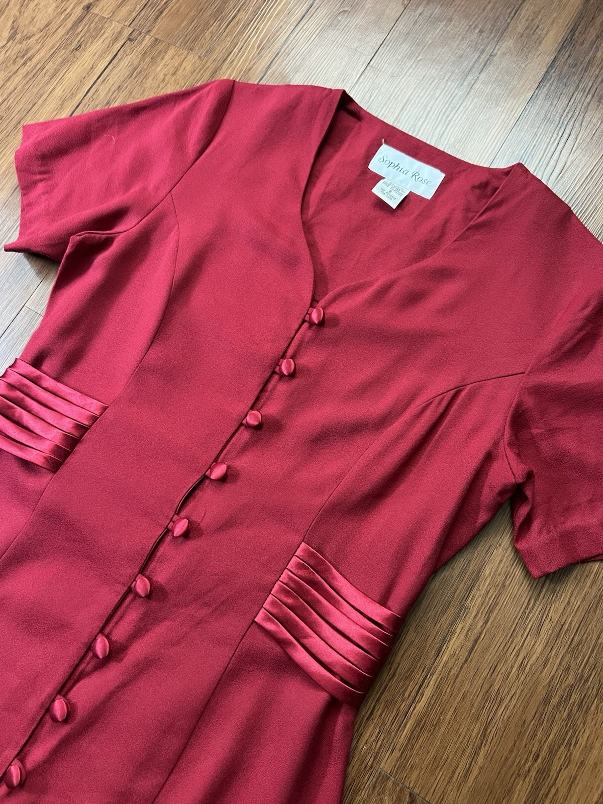 Vintage 90s Sophia Rose Dress Sz 8 Red Button Front Short Sleeve Satin Evening