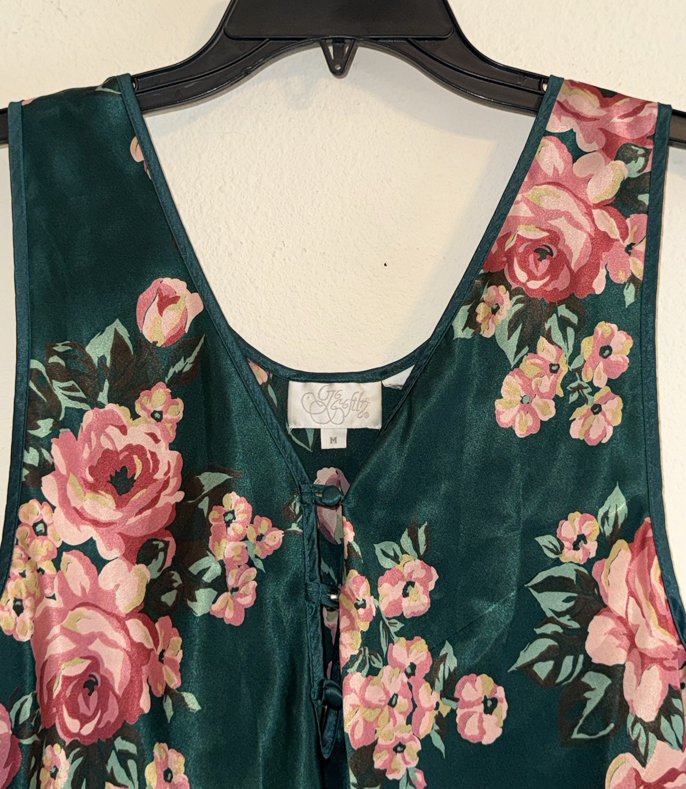 Vintage 80s Go Softly Polyester Satin Nightgown Sleep Dress Floral Roses M Green