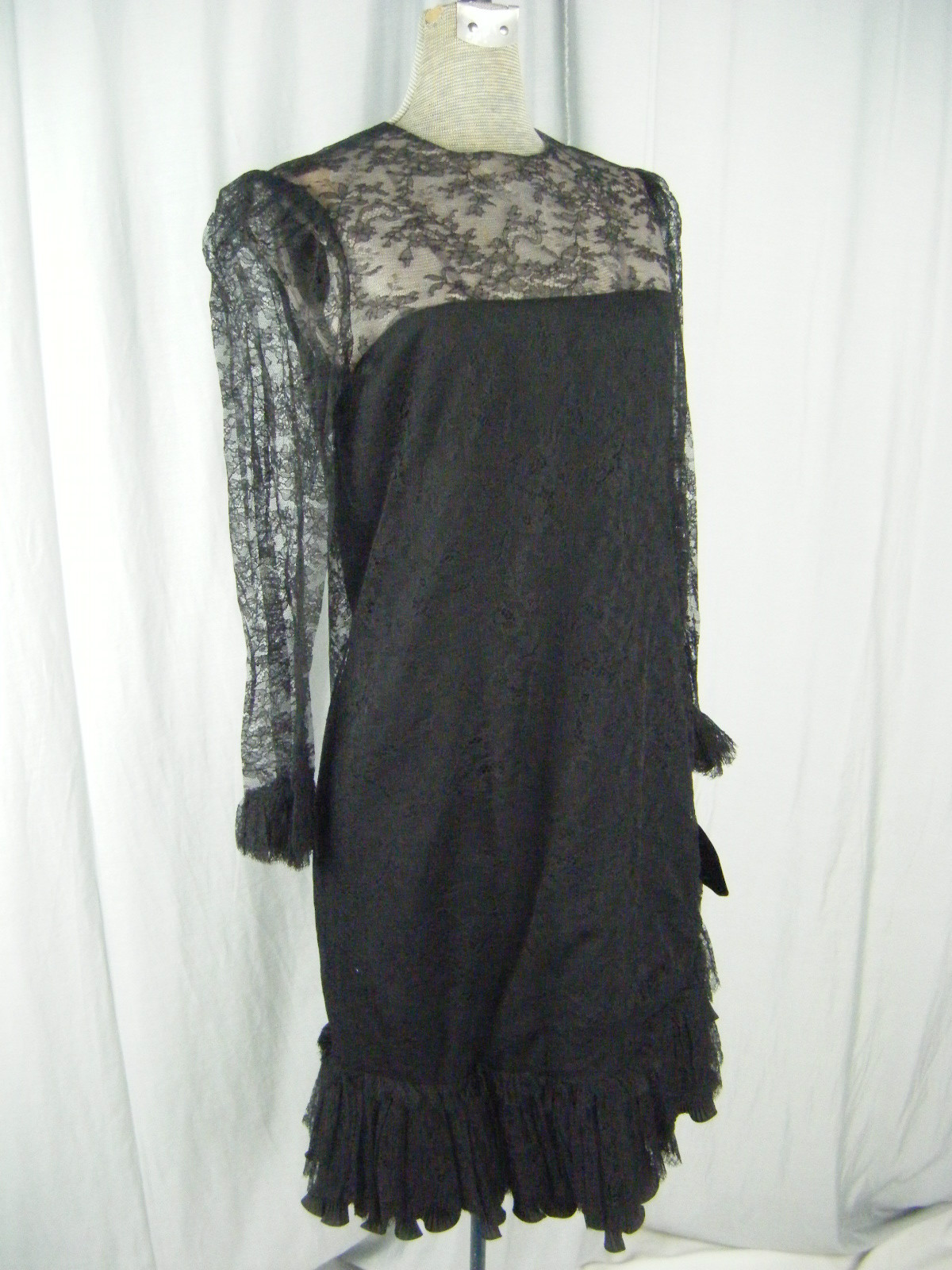 JILL RICHARDS Vtg 70s Black Illusion Ruffle Lace 20s Inspired Dress-Bust 39/M