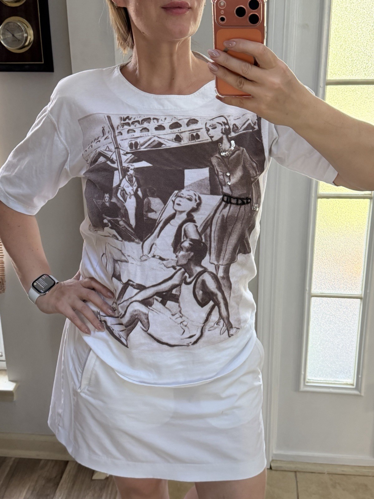 Vintage 80s Olsen Italy Graphic T-Shirt White Cotton Shoulder Pads Size 38 (M-L)