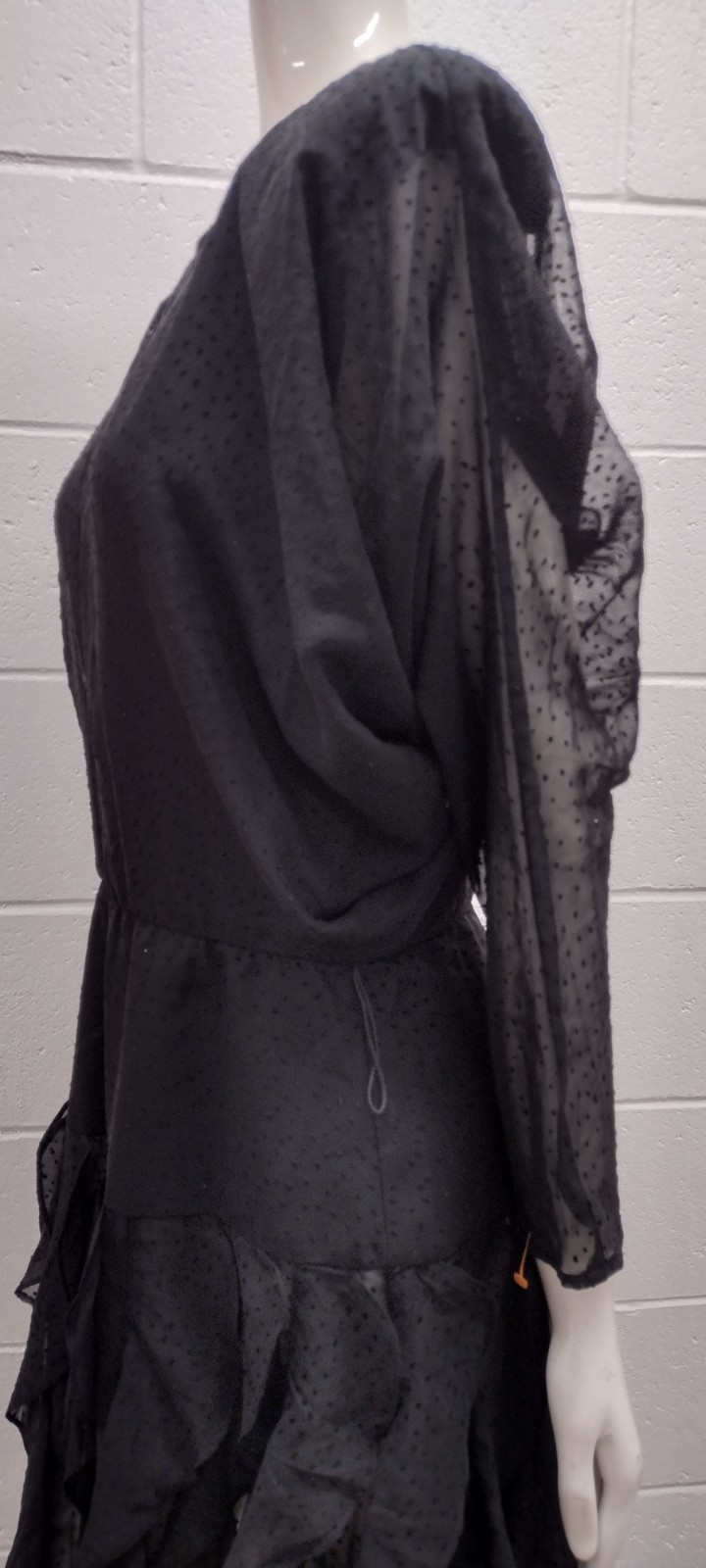 80s Batwing Sheer Chiffon Dress Black Flapper Scallop 80s Dolman Sleeves M/L