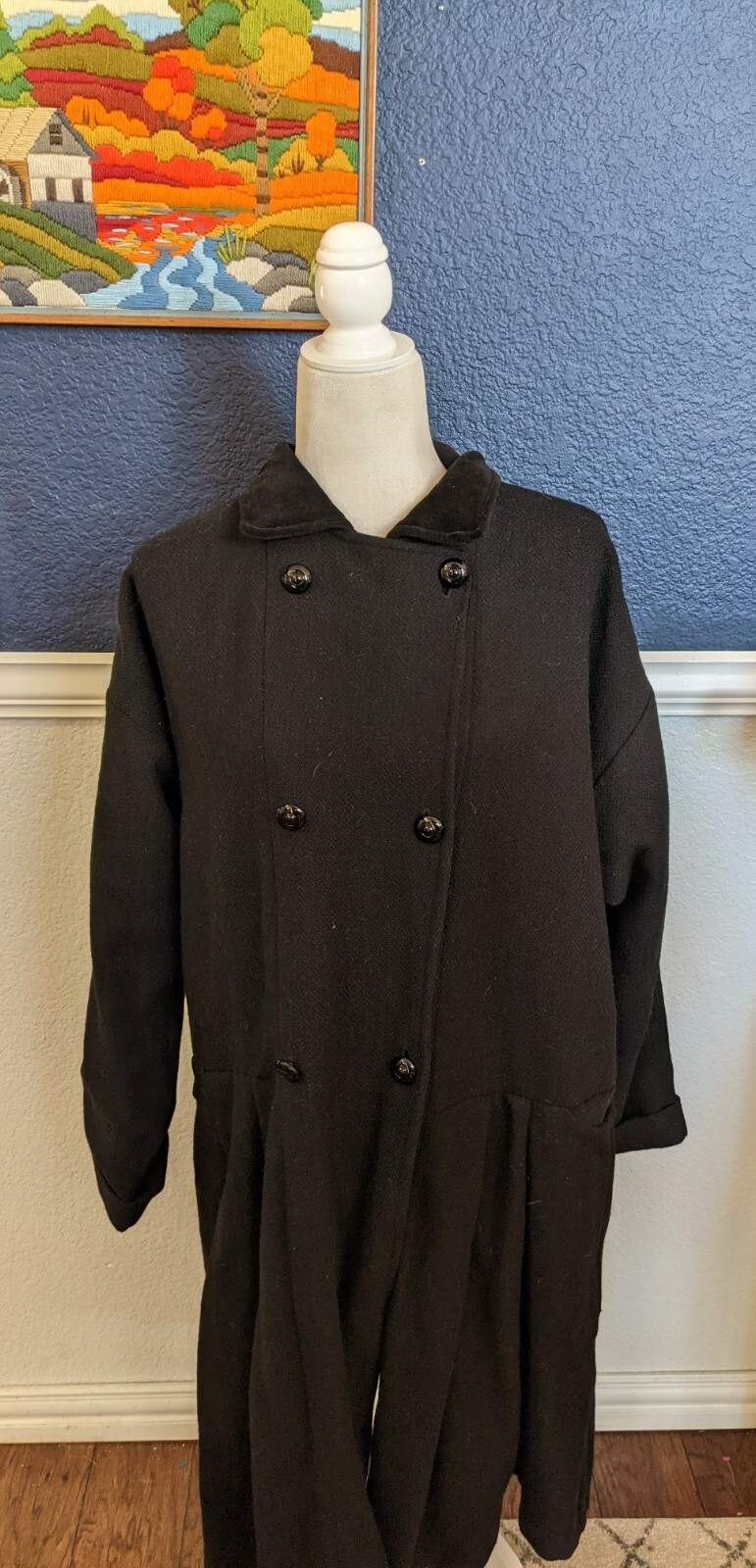 VTG Flax Jeanne Engelhart Black Heavy 100% Wool Long Coat Velvet Sz Large L