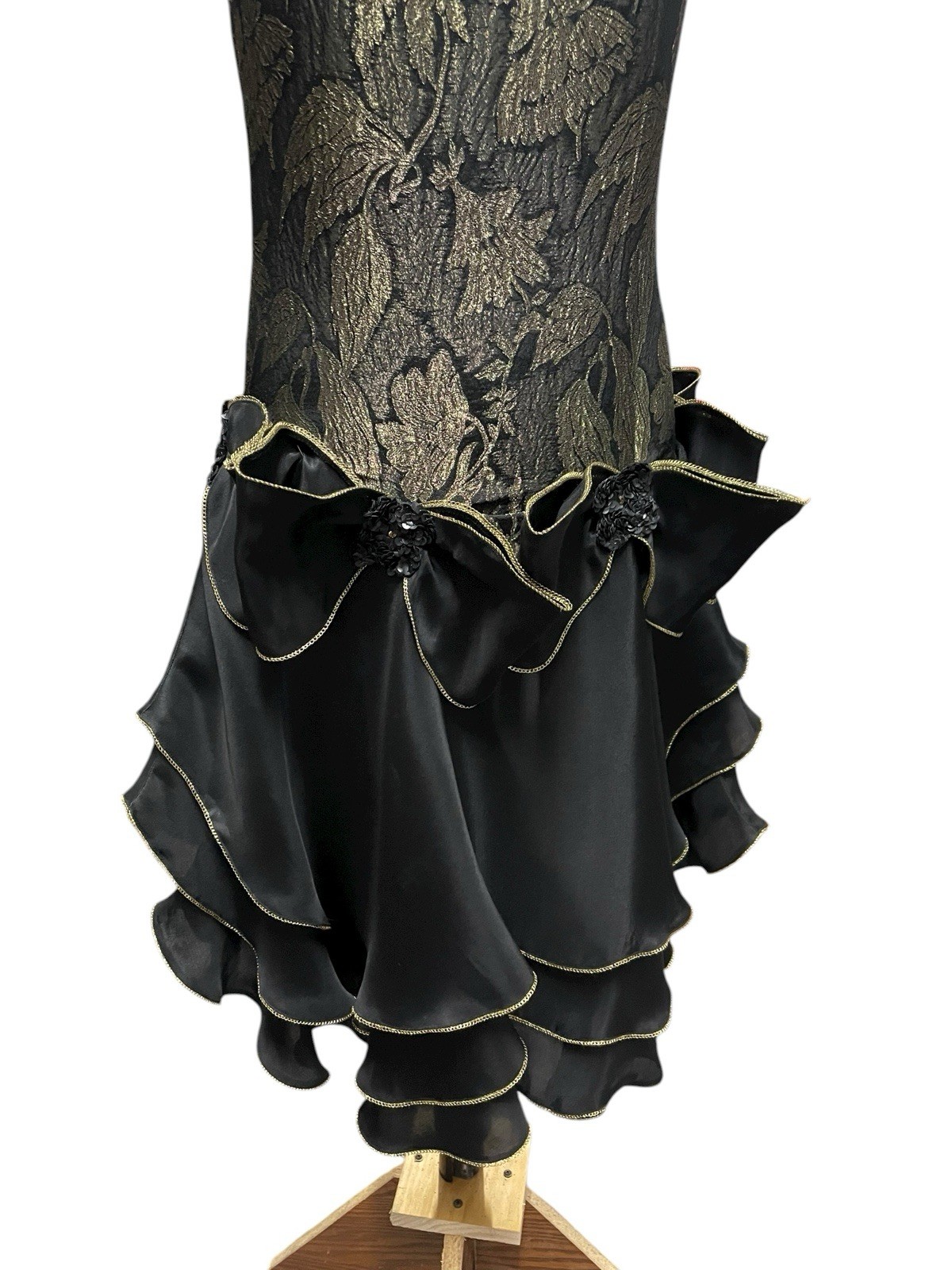 VTG Carol Perez Black Drop Waist Cocktail Dress Bows Gold Rose Jacquard Size 4