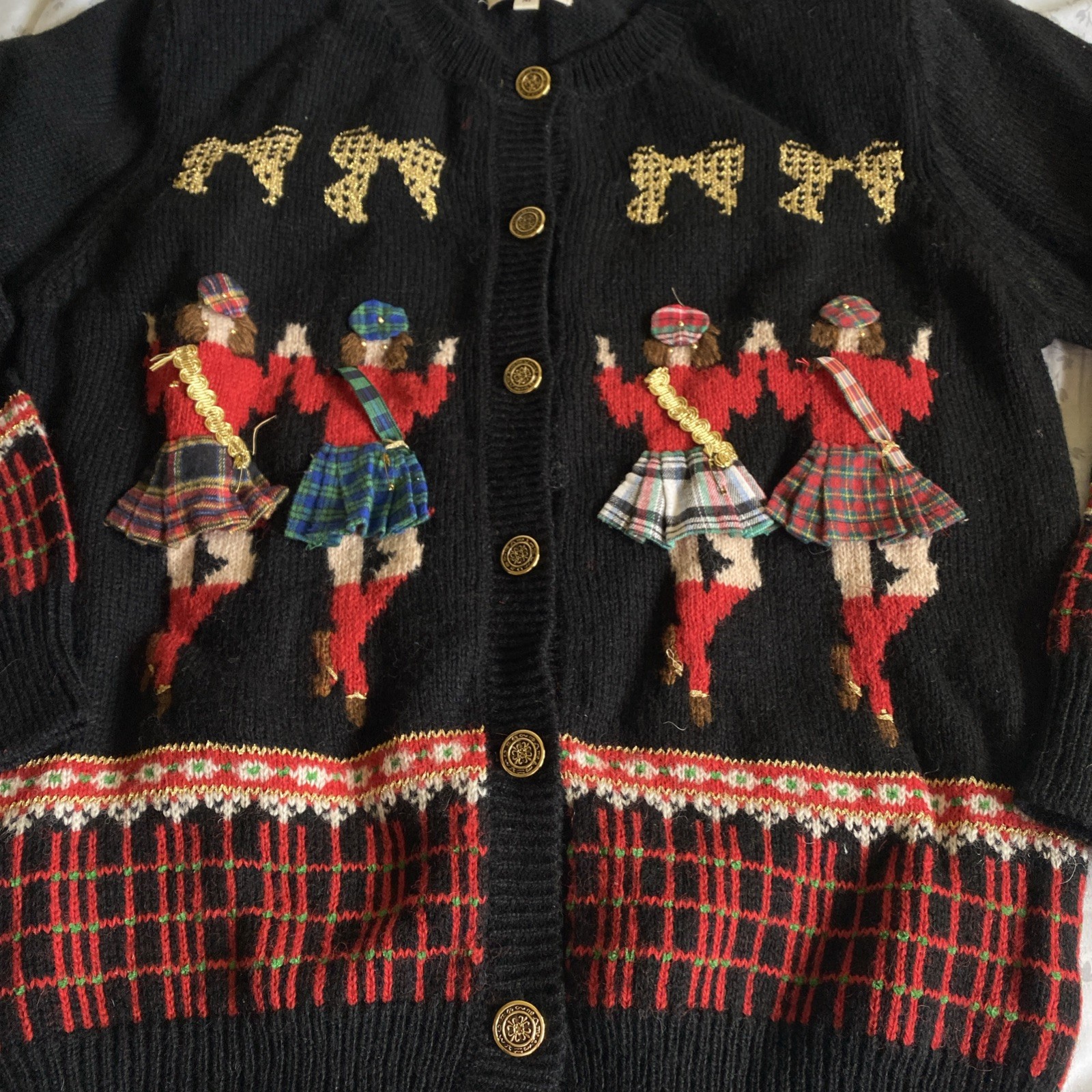 Vintage 90s Susan Bristol Black Scottish Dancer Plaid Warm Cardigan Sweater Sz M