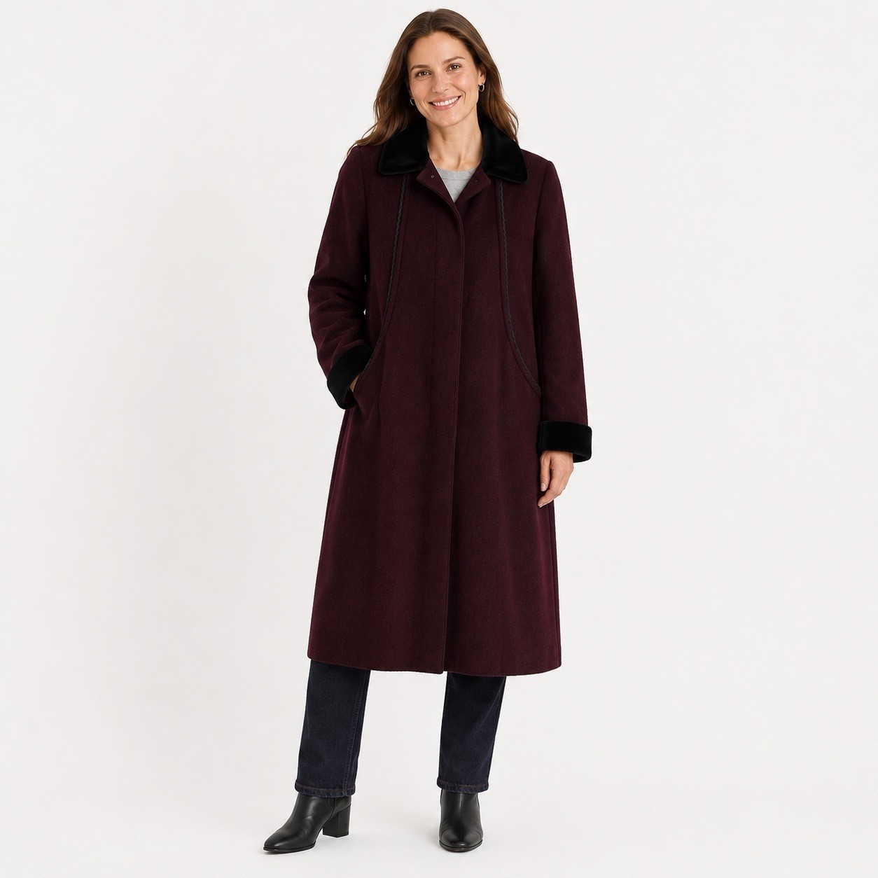 Vintage Alorna Forstmann Wool Chesterfield Coat Burgundy Velvet Collar USA
