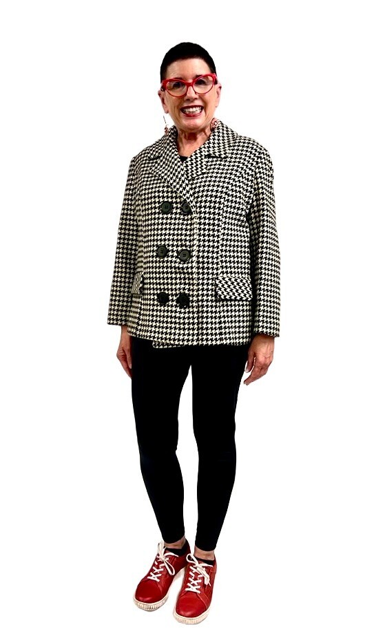 VTG 1960s Black White Houndstooth Jacket Retro Glam Red Taffeta Lined Double Br
