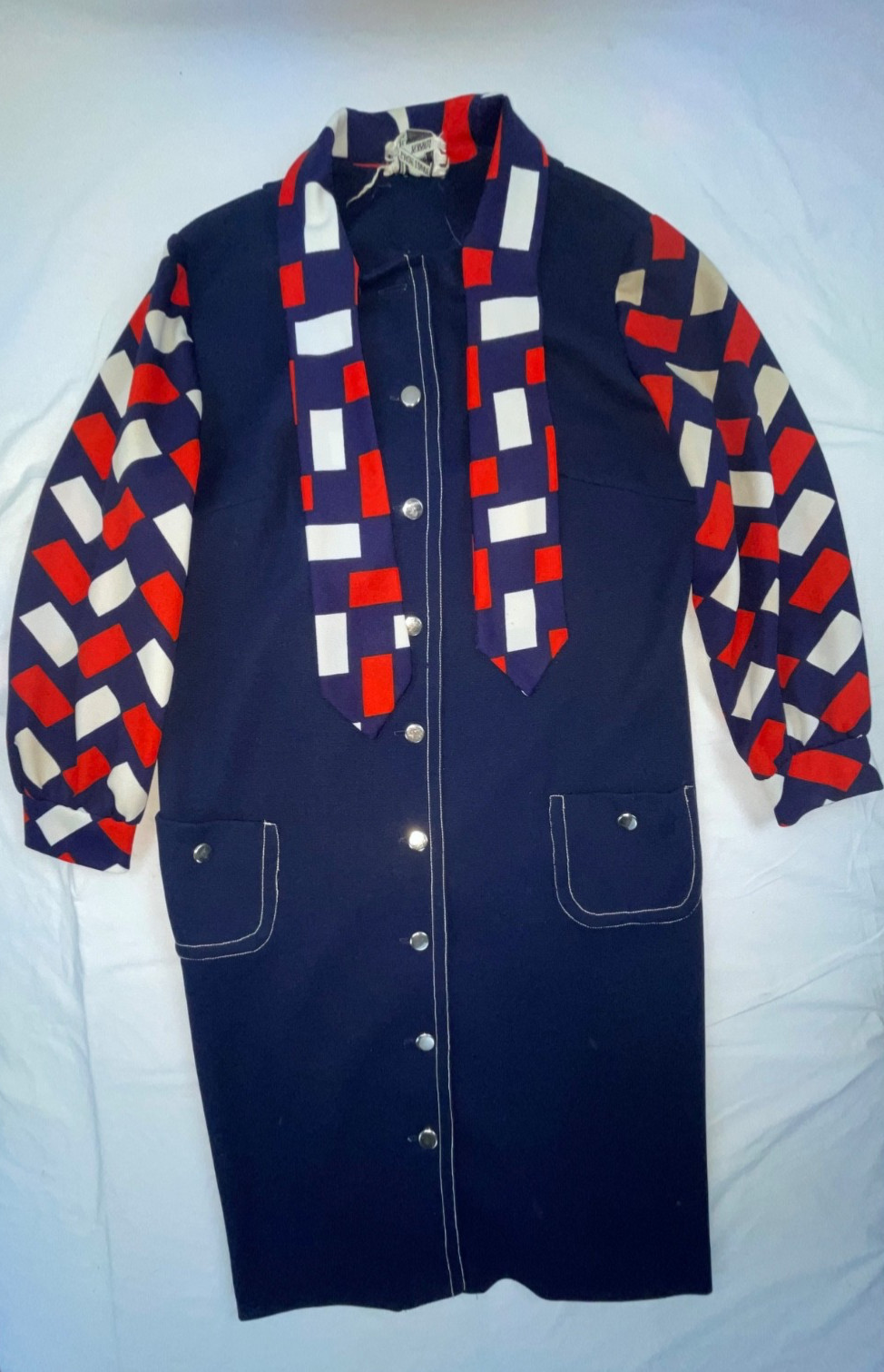 VTG 60S 70S WOMENS M BLUE RED WHITE DISCO MOD RETRO GOGO LONG SLEEVE SCARF DRESS