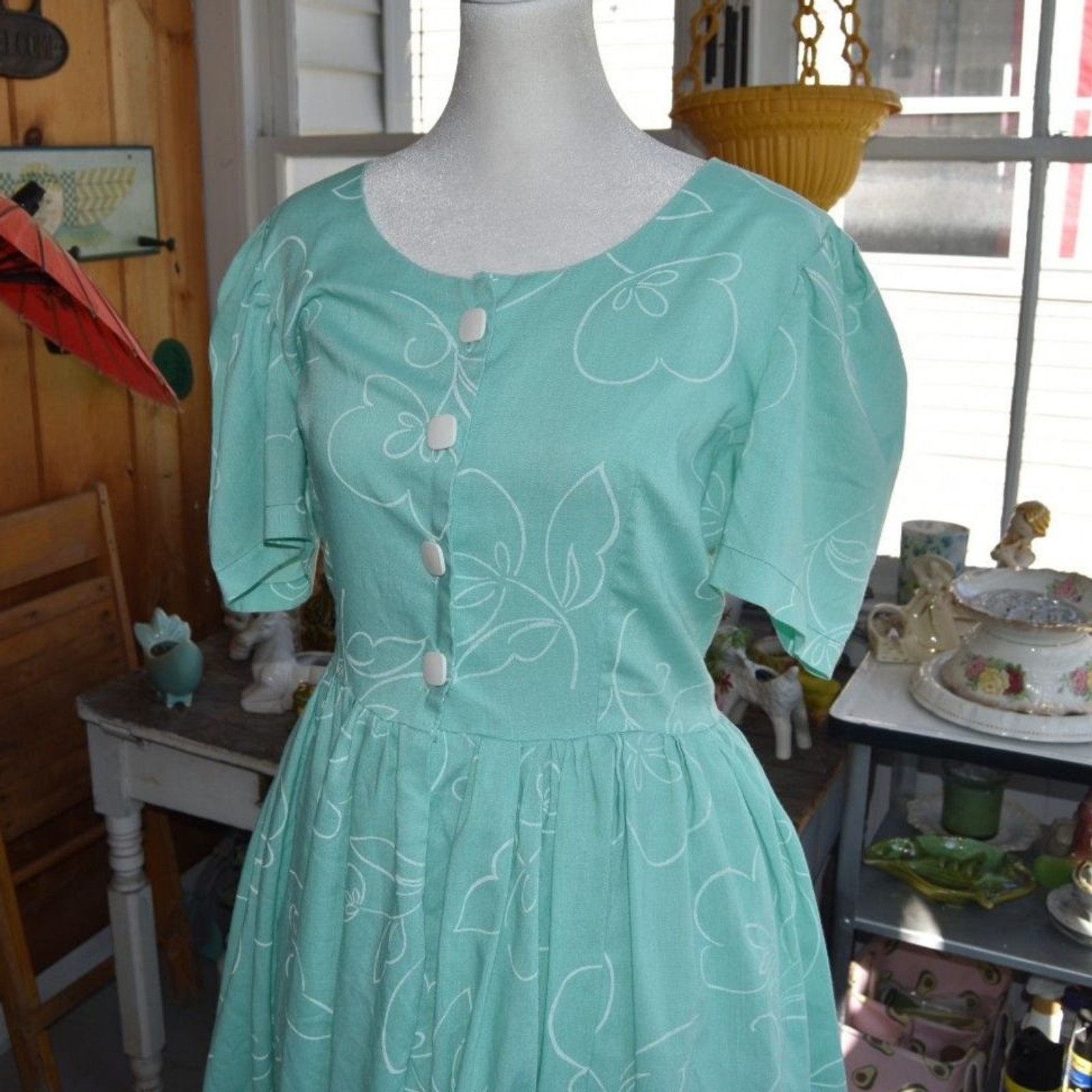 Vintage 80s Mint Green Floral Dress Puff Sleeve Cottagecore Prairie M