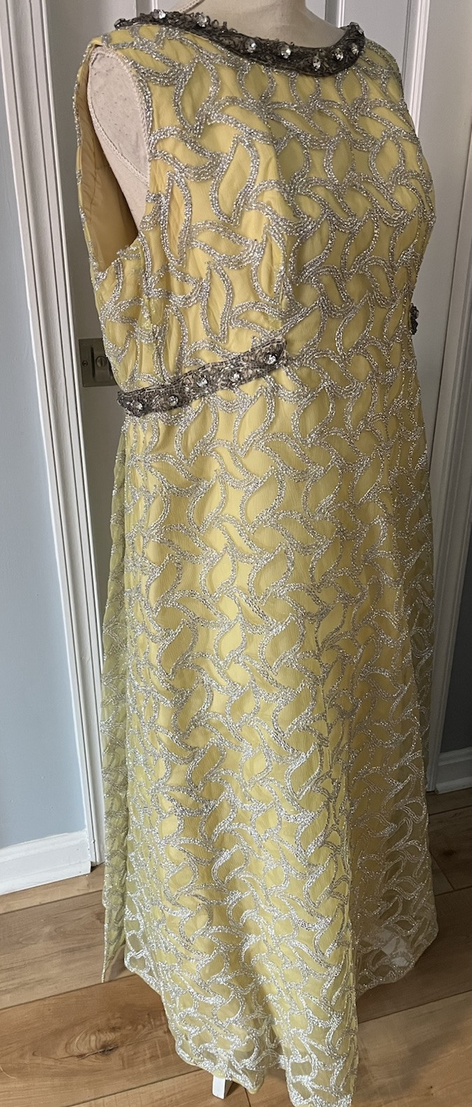 Erlebacher Beaded Long Gown Dress Sleeveless Yellow & Silver Shimmery VTG Large?