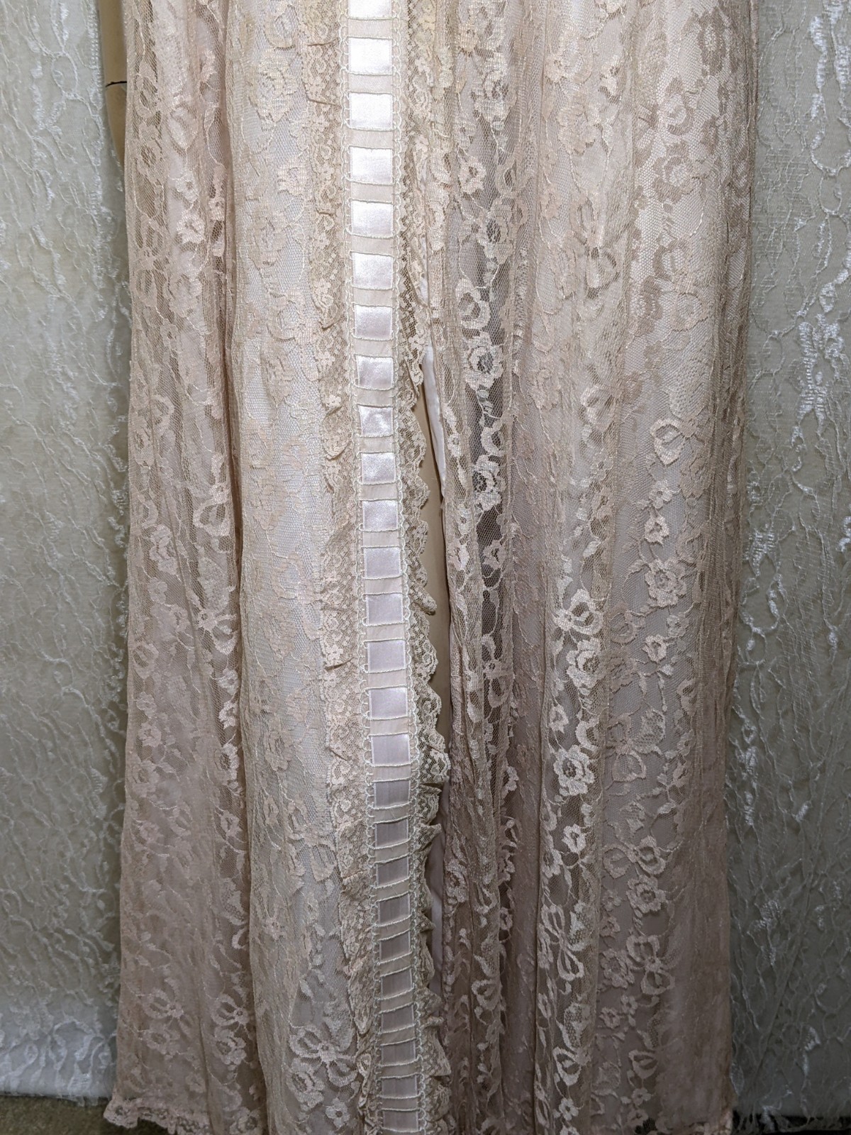 VTG Odette Barsa Lace Overlay Pocket Pink Peter Pan Collar Dressing Gown Robe L