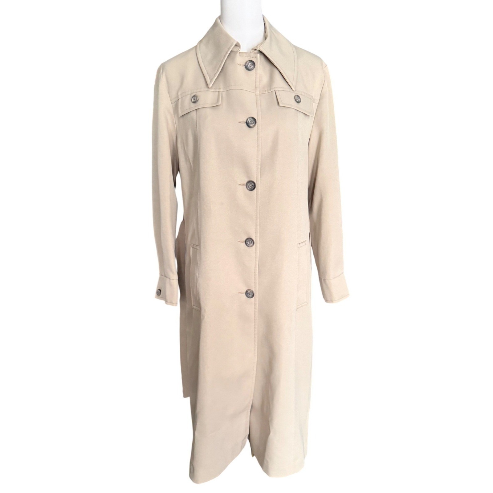 Vintage 70s Style Tan Beige Longline Belted Trench Coat Duster Jacket Womens