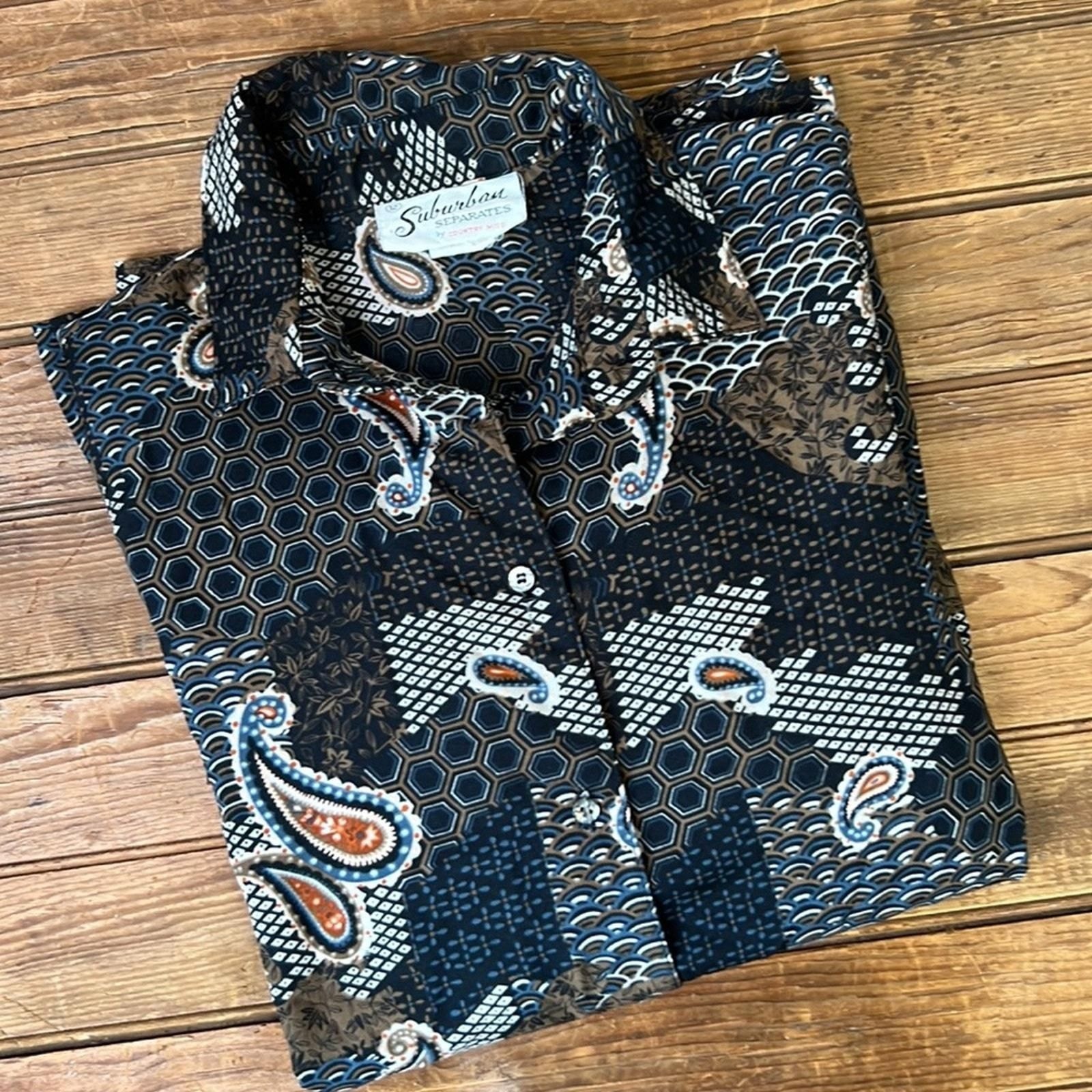 Women’s vintage classic 70’s blouse black and brown Paisley polyester size 12