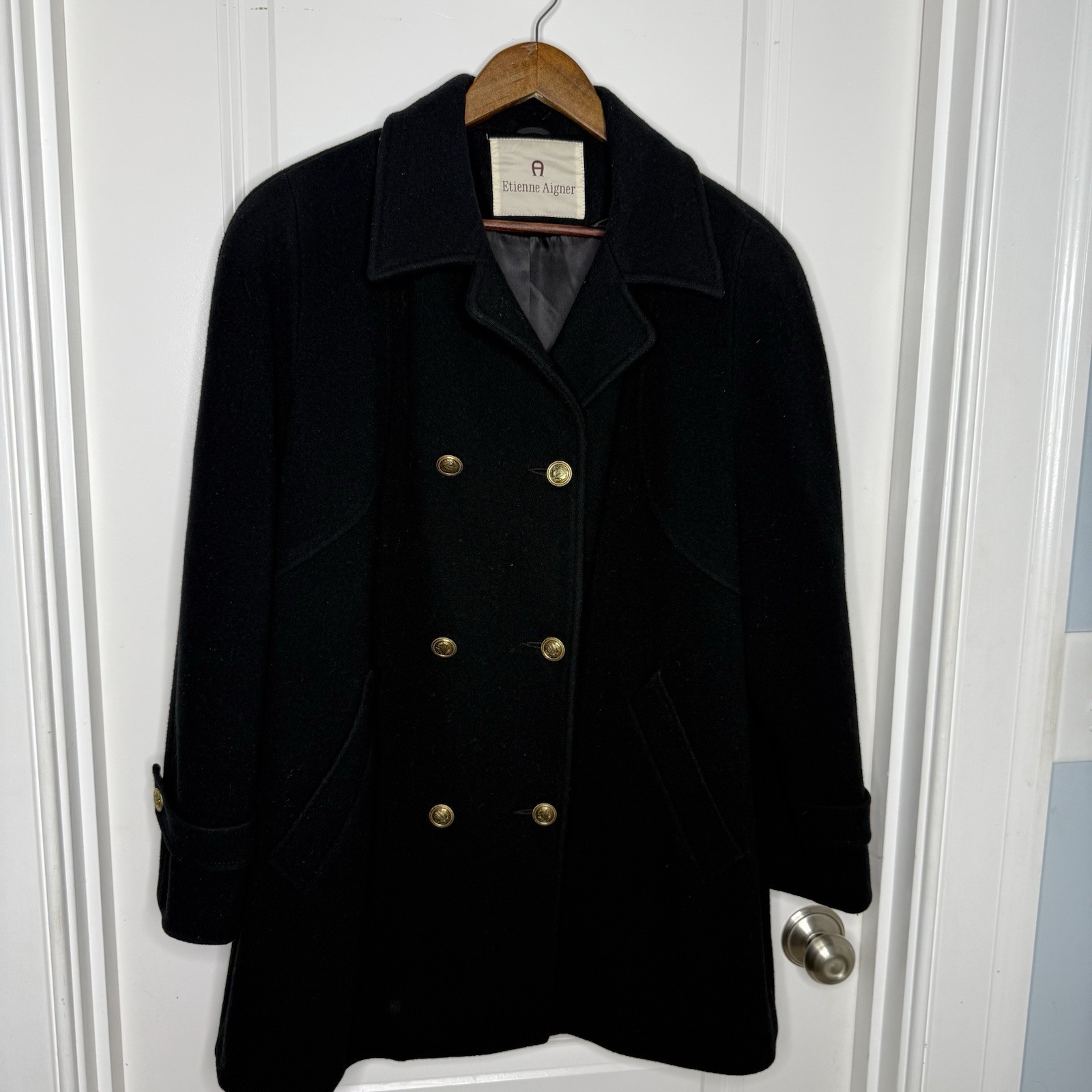 Etienne Aigner Vintage 100% Wool Pea Coat Black Gold Buttons Made in USA Size 12